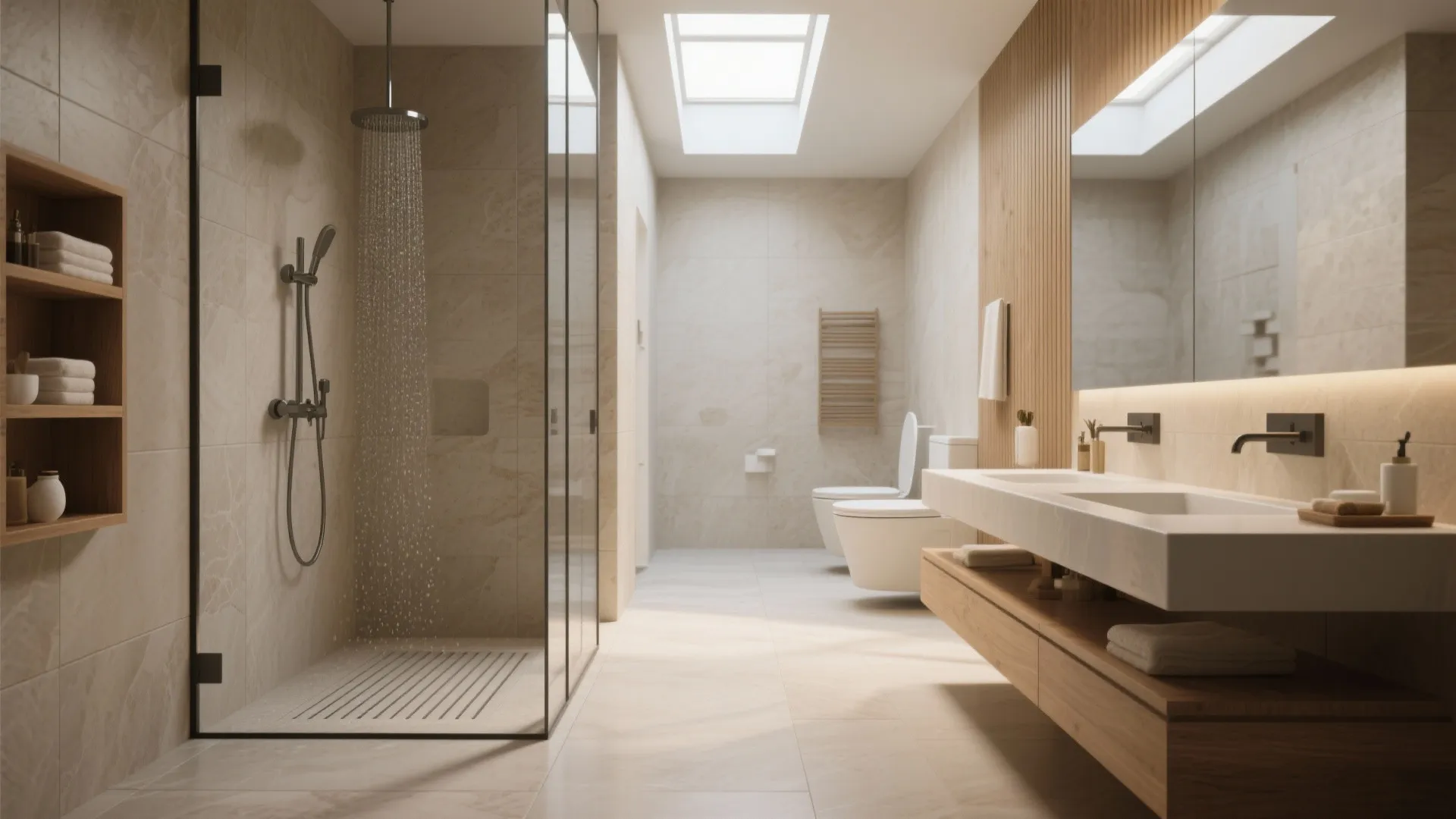 Long 5'x10' wet room with open shower, linear drain and continuous flooring.