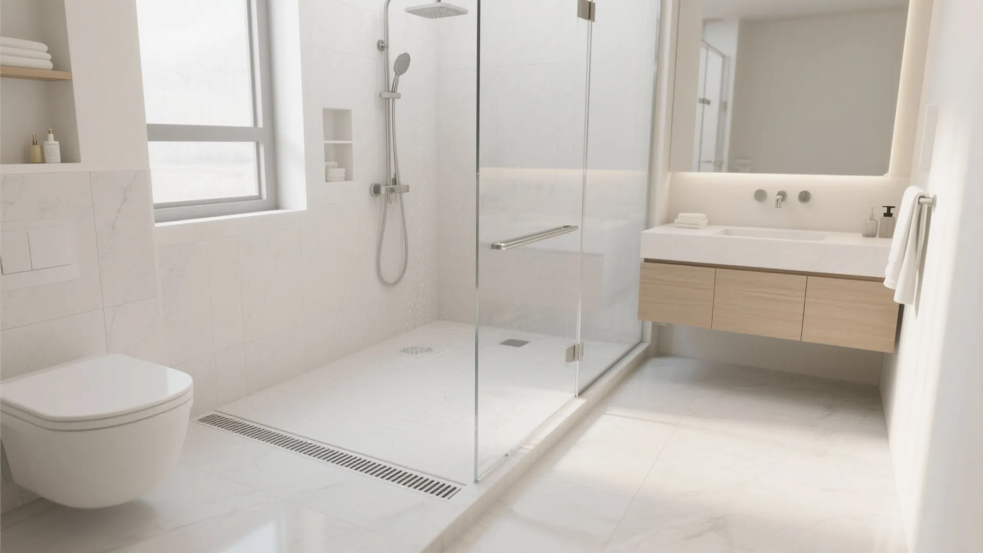 Modern bright bathroom featuring white wall tiles a glass shower door and wood vanity cabinet