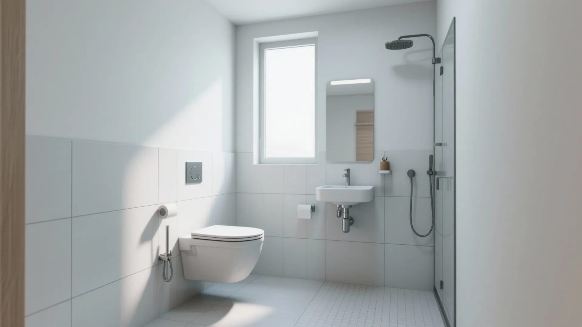 Compact wet-room style quarter bathroom with corner wall-hung toilet and wall-mounted basin