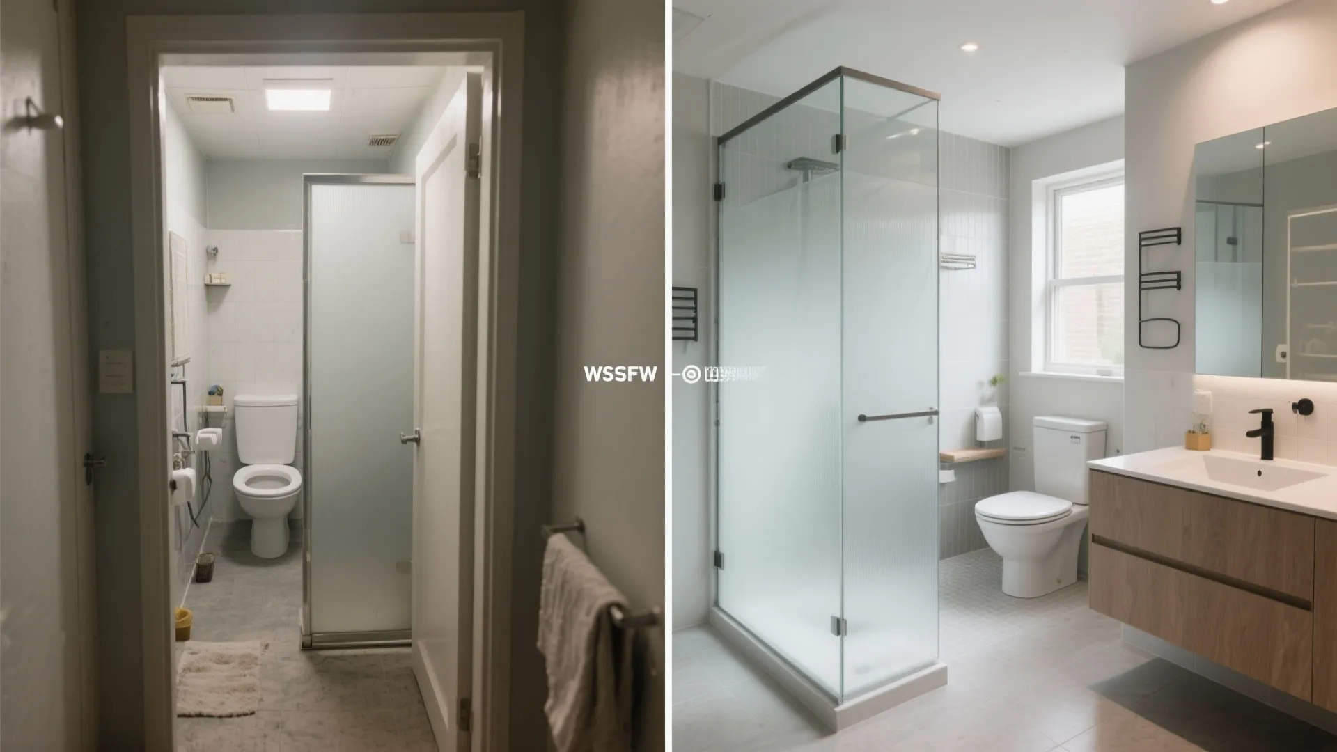 Before-and-after showing a cramped bath upgraded to a wet room with a frosted glass WC zone.