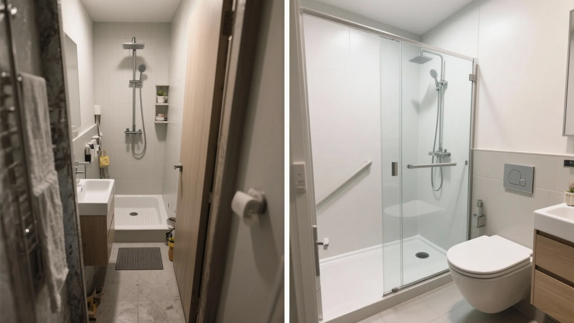 Before and after comparison of a bathroom showing a new glass shower and white toilet