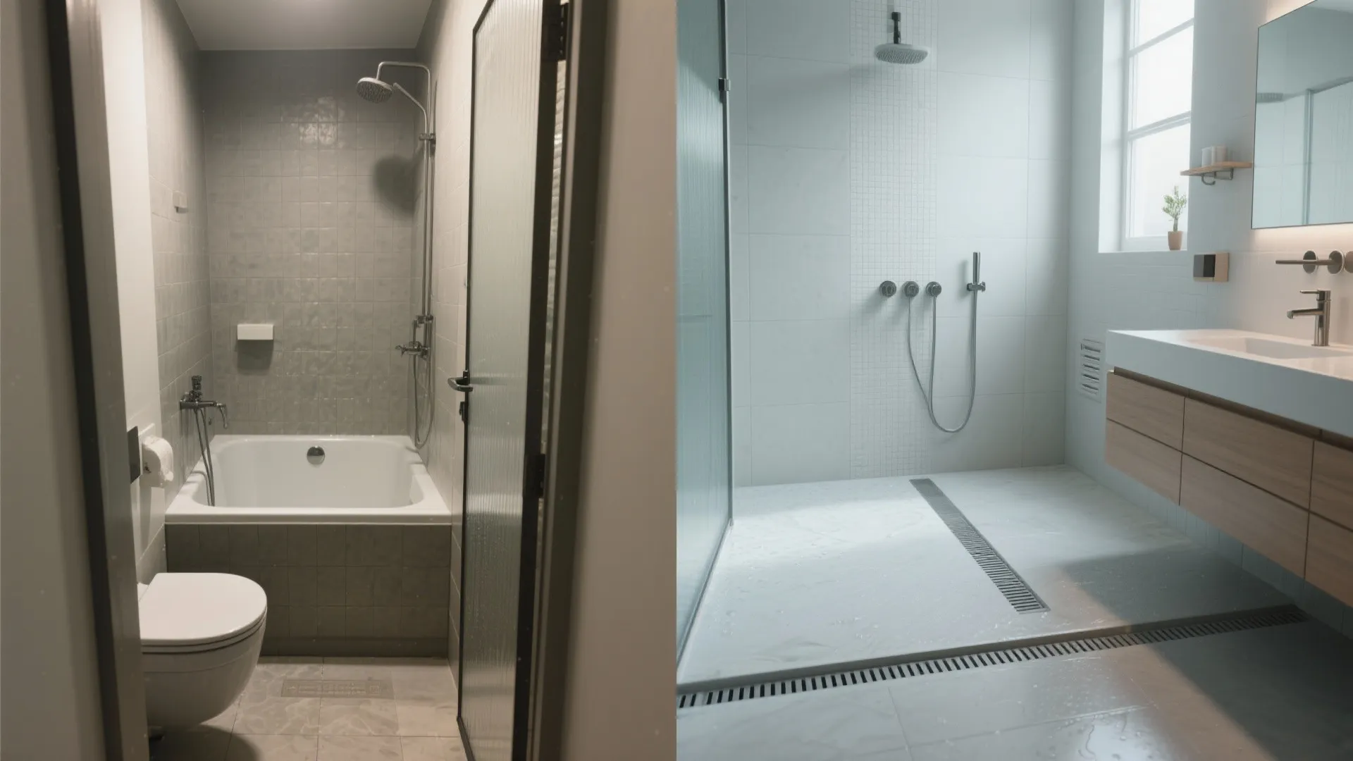 Before and after comparison showing old dark bathroom transformed into modern white bright walk-in shower