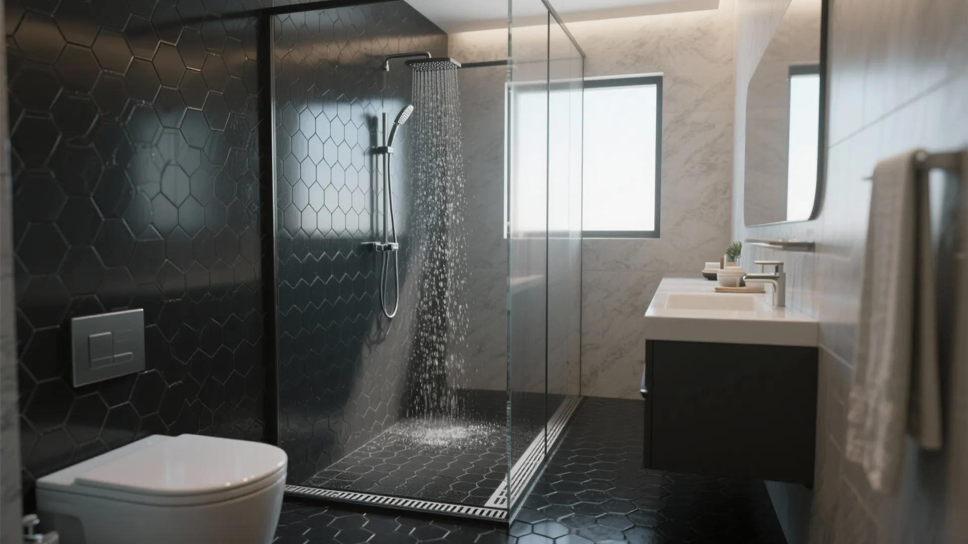 Modern shower with black hexagon tiles, glass door, white toilet, wall sink, and natural light