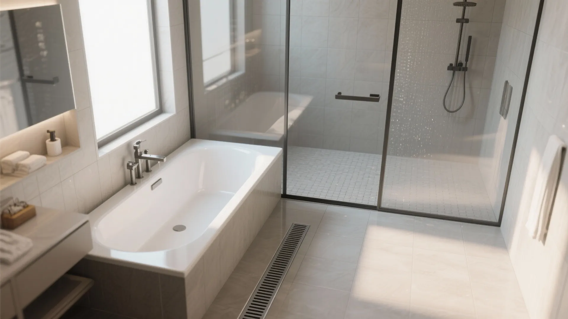 Bright bathroom layout with white bathtub glass shower door grey floor tiles and large side window