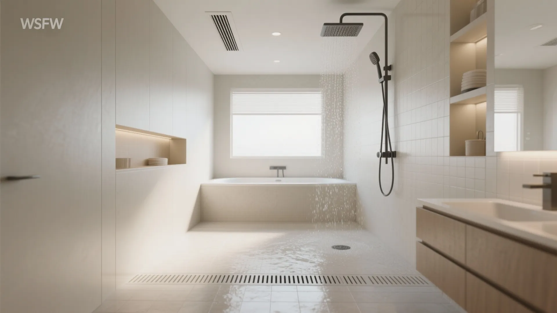 Modern minimal bathroom featuring a walk-in shower area with black shower head and white bathtub