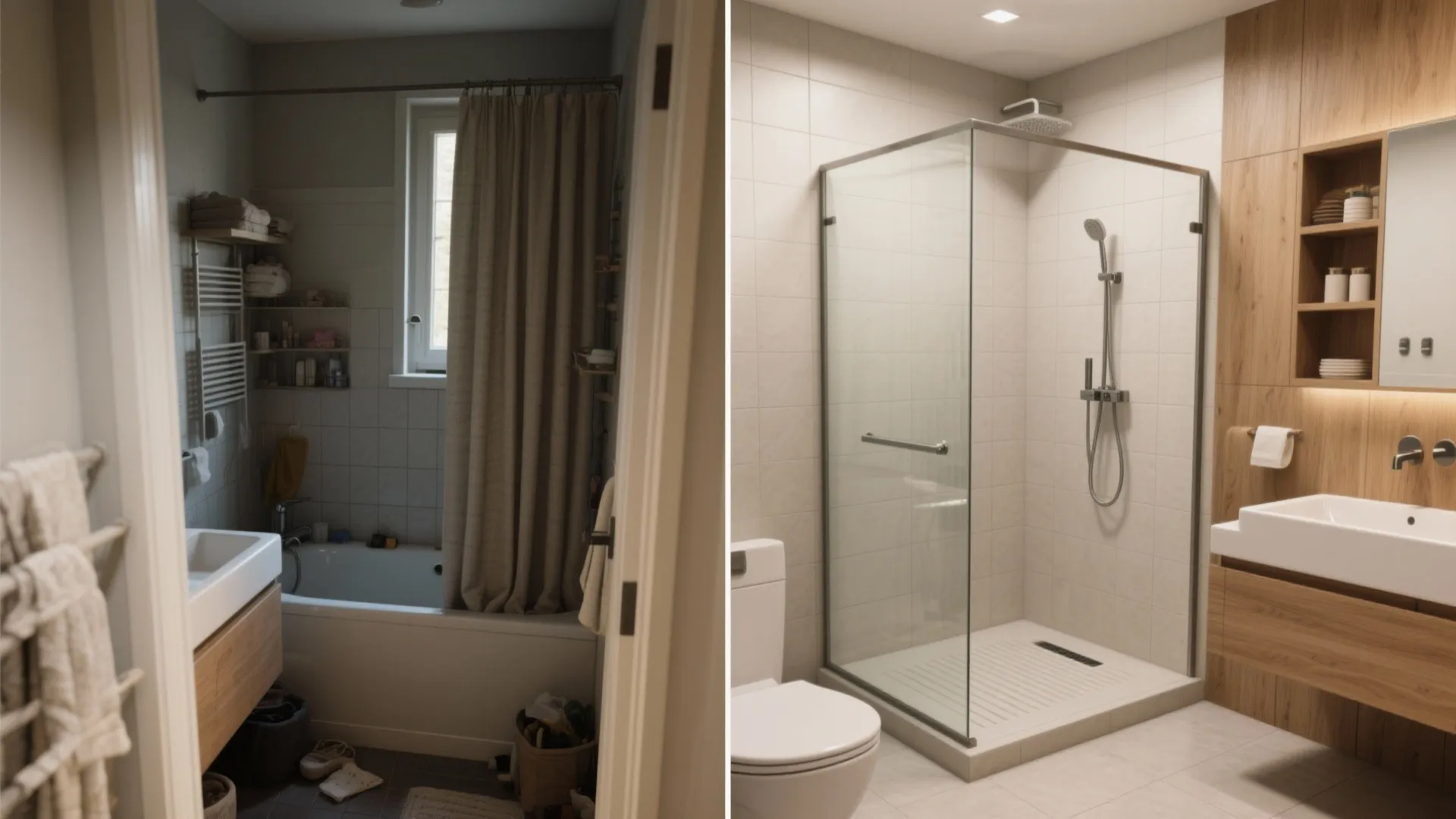 Before and after comparison of a messy bathroom with bathtub versus a clean glass shower room