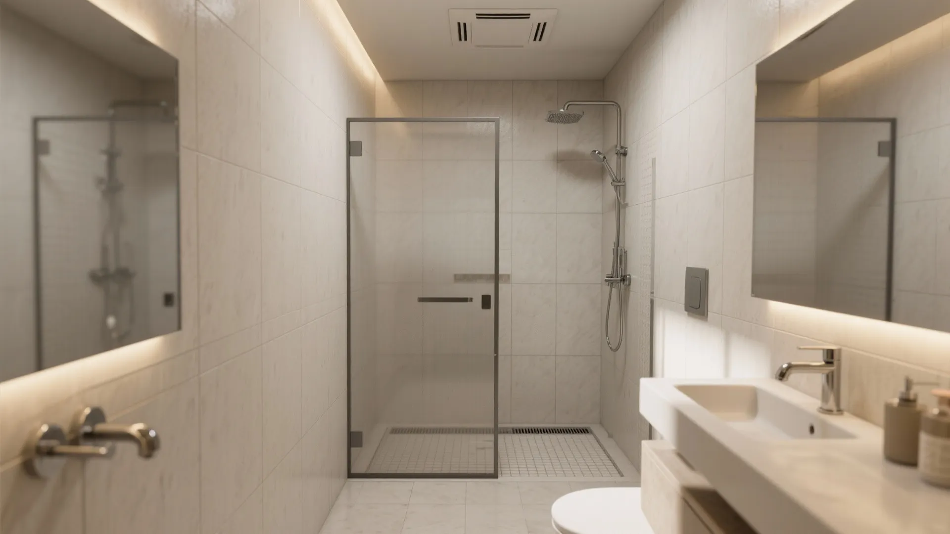 Minimalist bathroom interior featuring glass shower door with sink and mirrors on light tiled walls