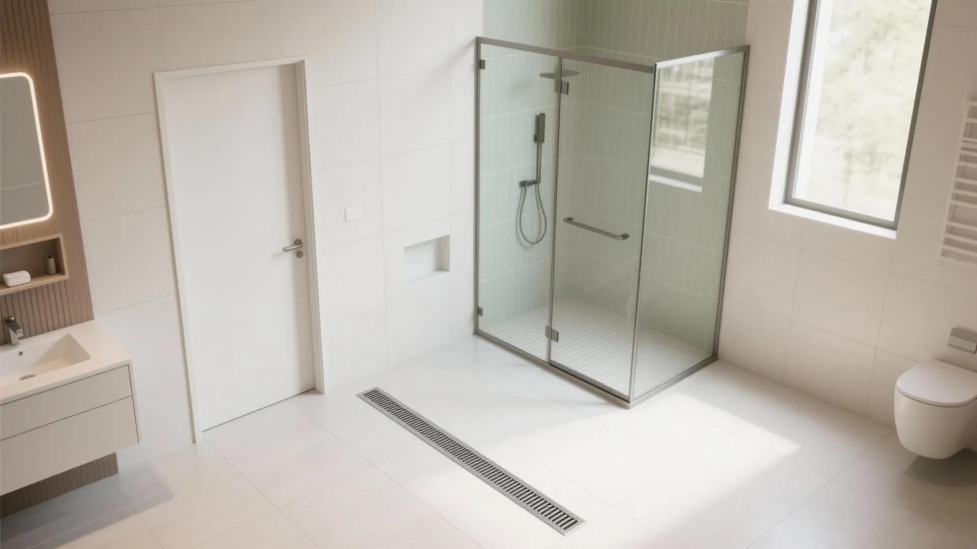 Wet-room layout with a seamless, curbless shower