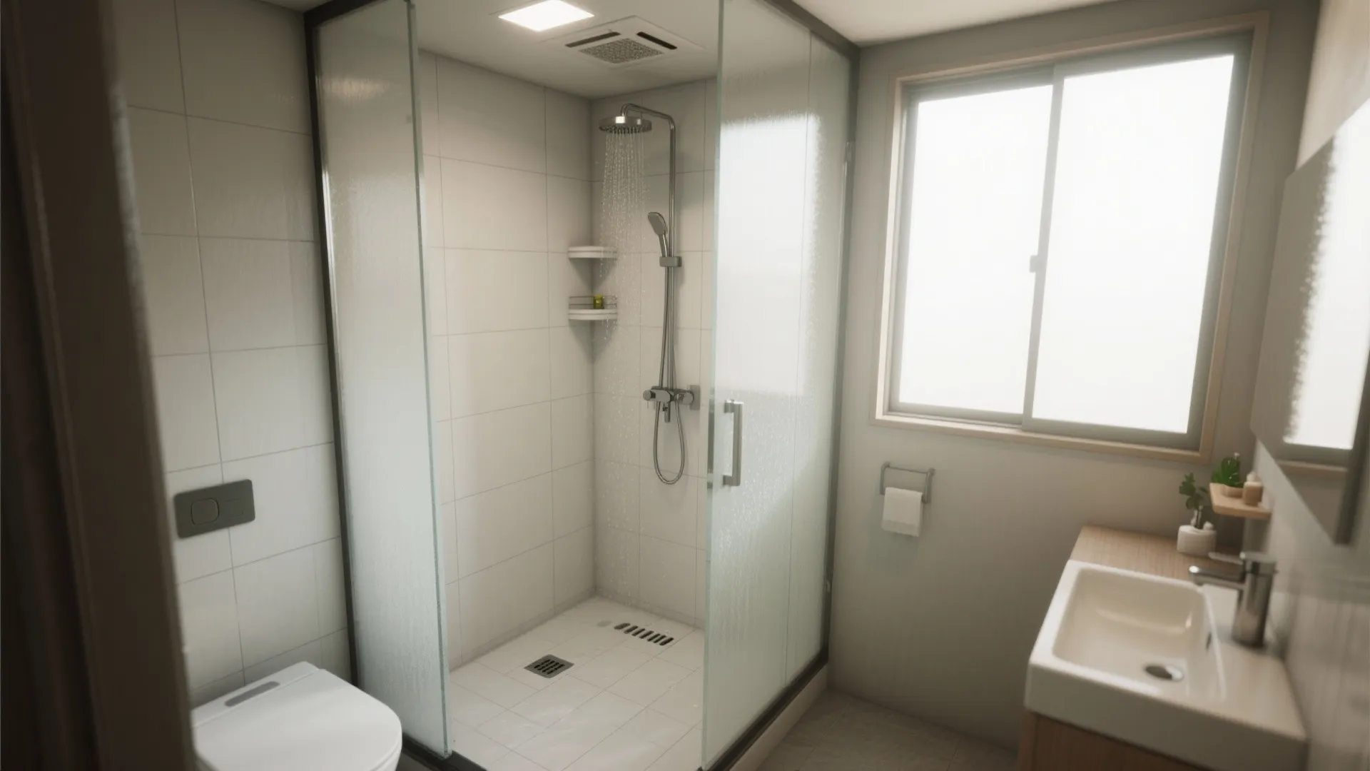 Compact wet-room bathroom with large-format tiles, shared drain and frameless glass shower in a tiny space.