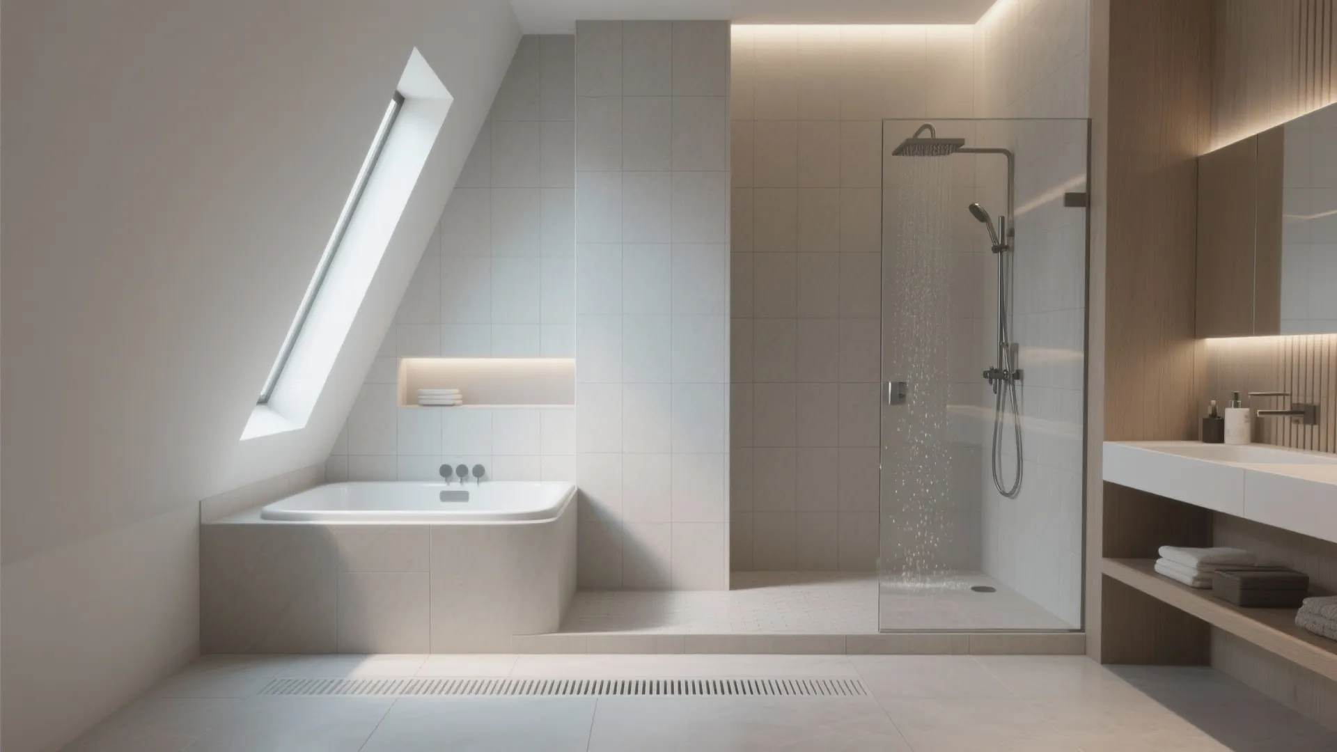 Minimalist bathroom design with roof window square bathtub glass walk in shower and wooden shelf vanity