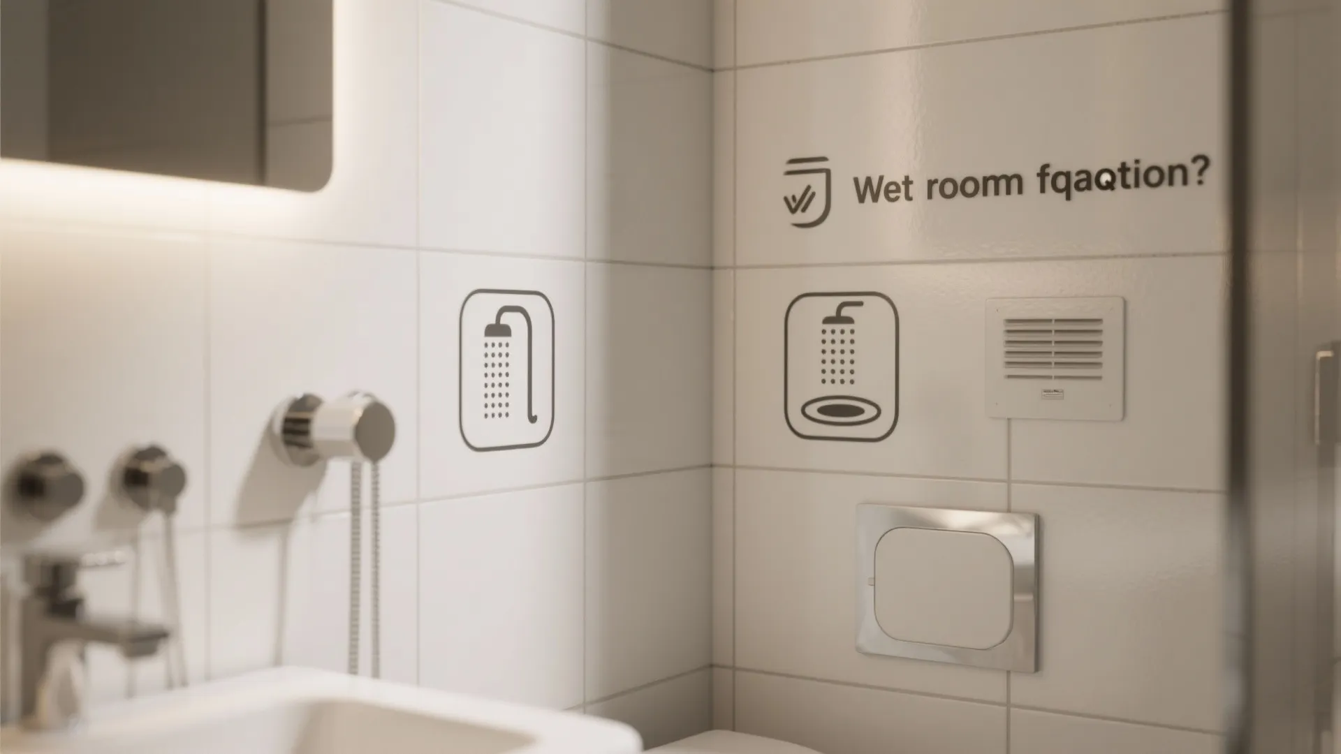Modern bathroom interior design showing shower symbols on white wall tiles near a sink faucet