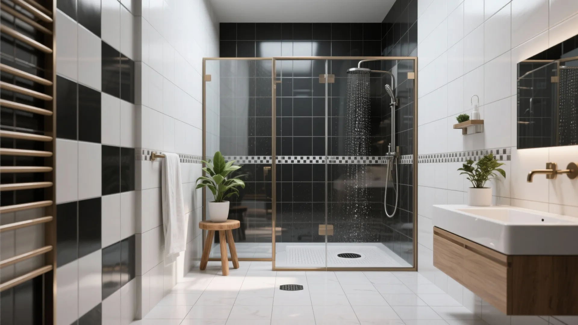Illustrative wet-room showing open shower, drainage, and black-and-white finishes with warm accents.