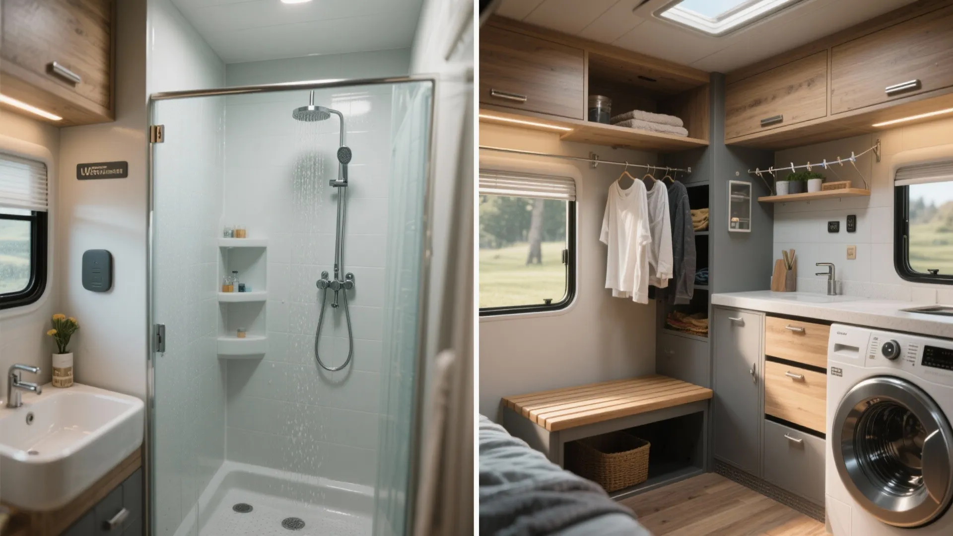 Before-and-after of a camper wet room converted between shower mode and laundry/storage mode.
