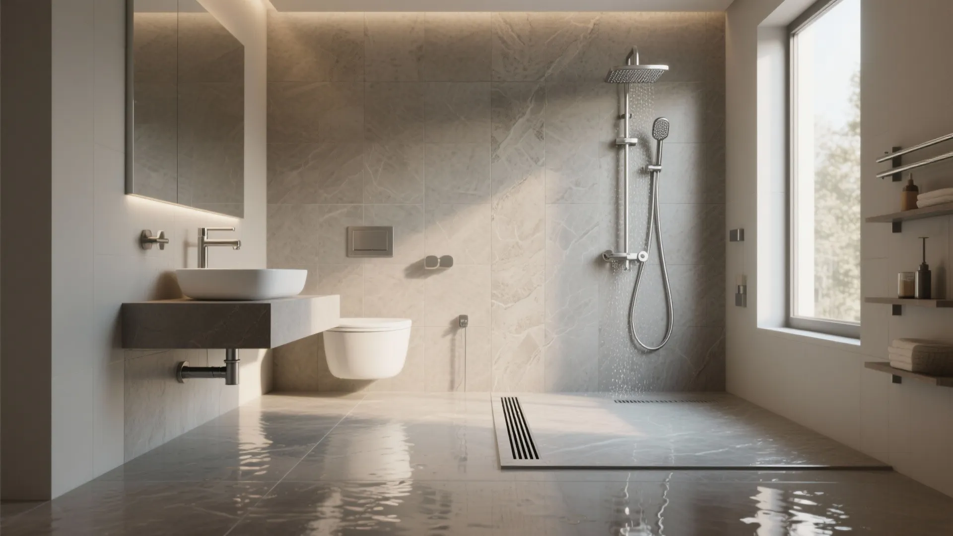 5. Wet-room style with a floating basin