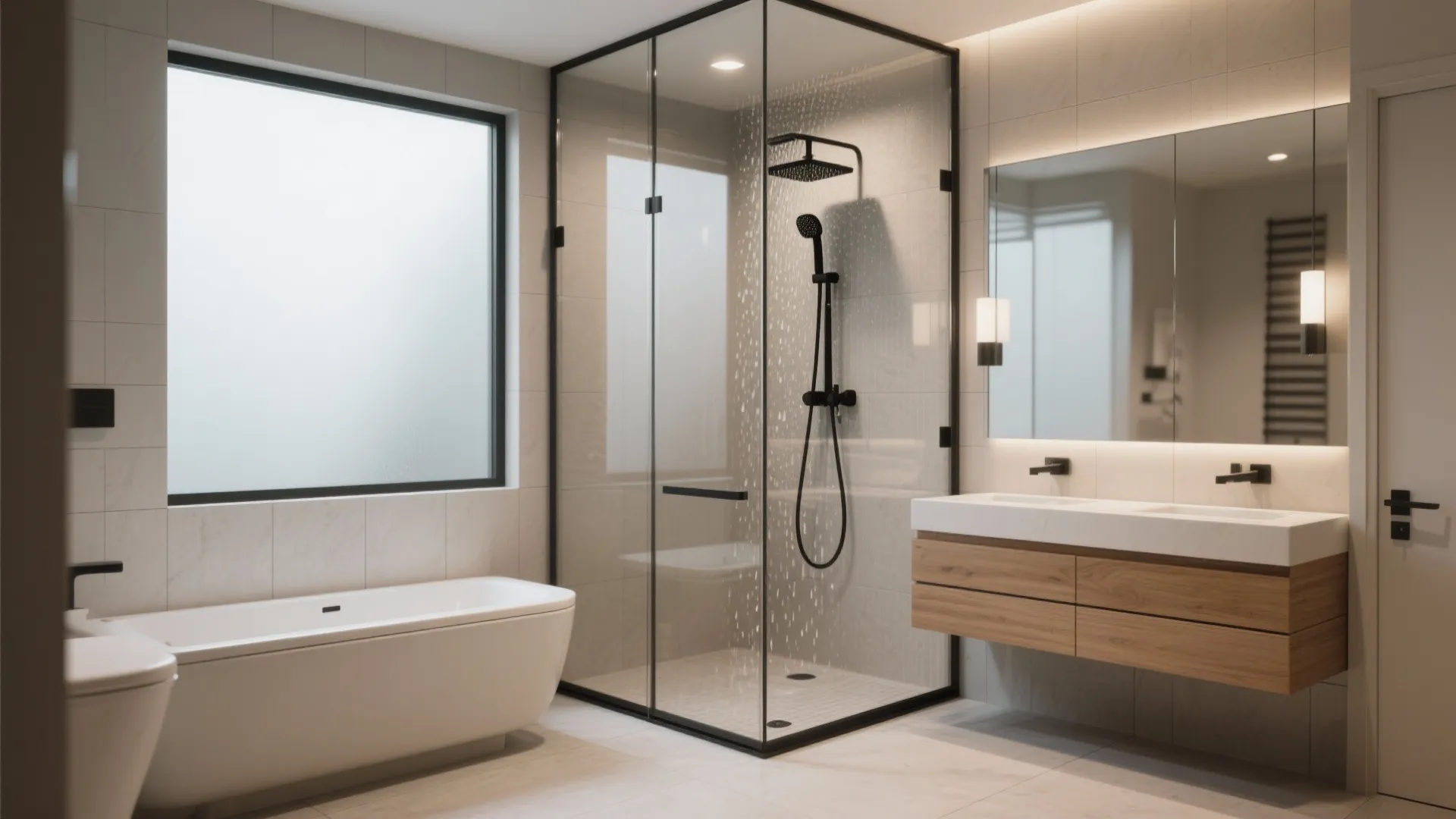 1. Wet-room shower with a floating vanity