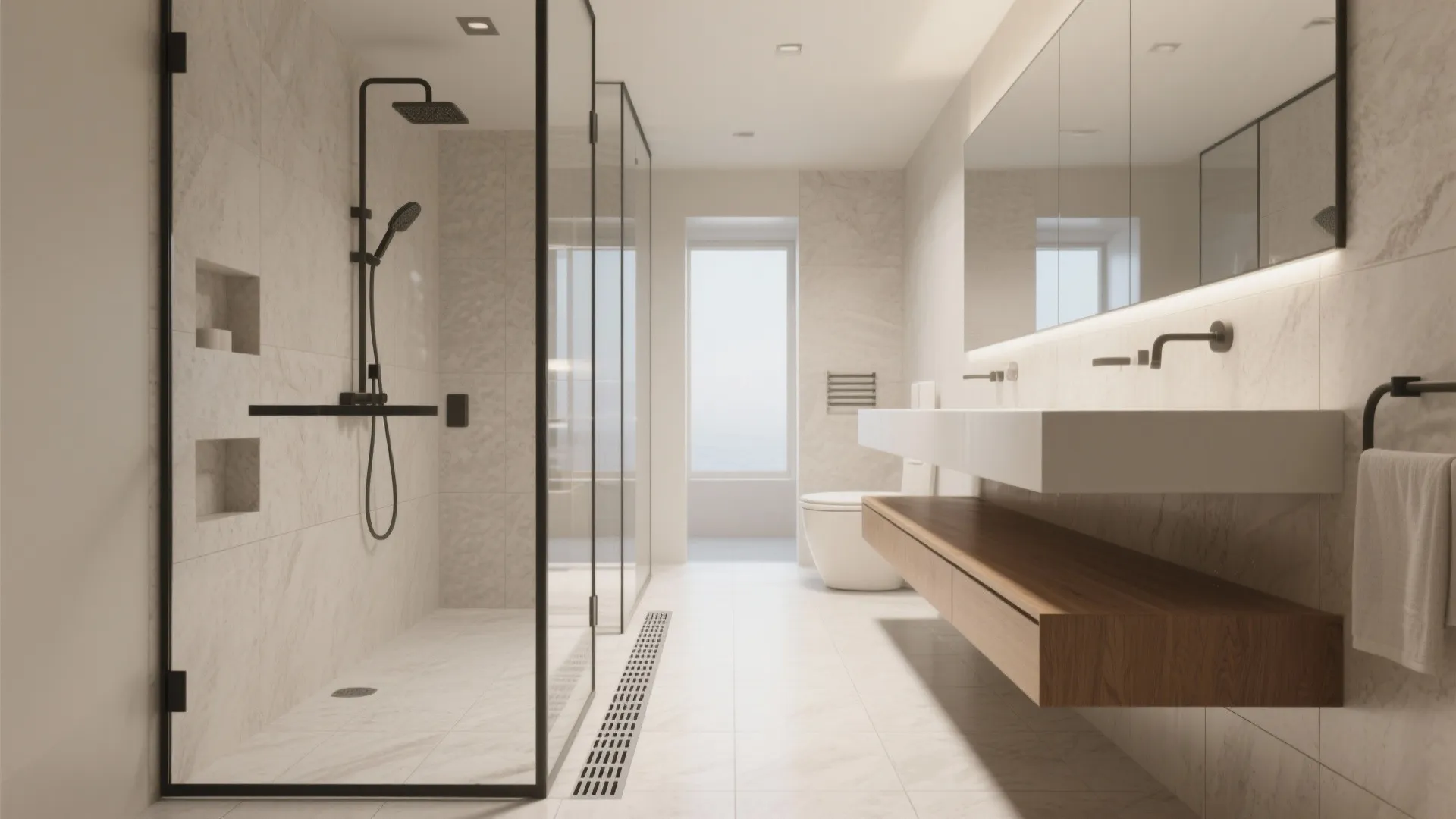 1. Wet-room shower with floating vanity
