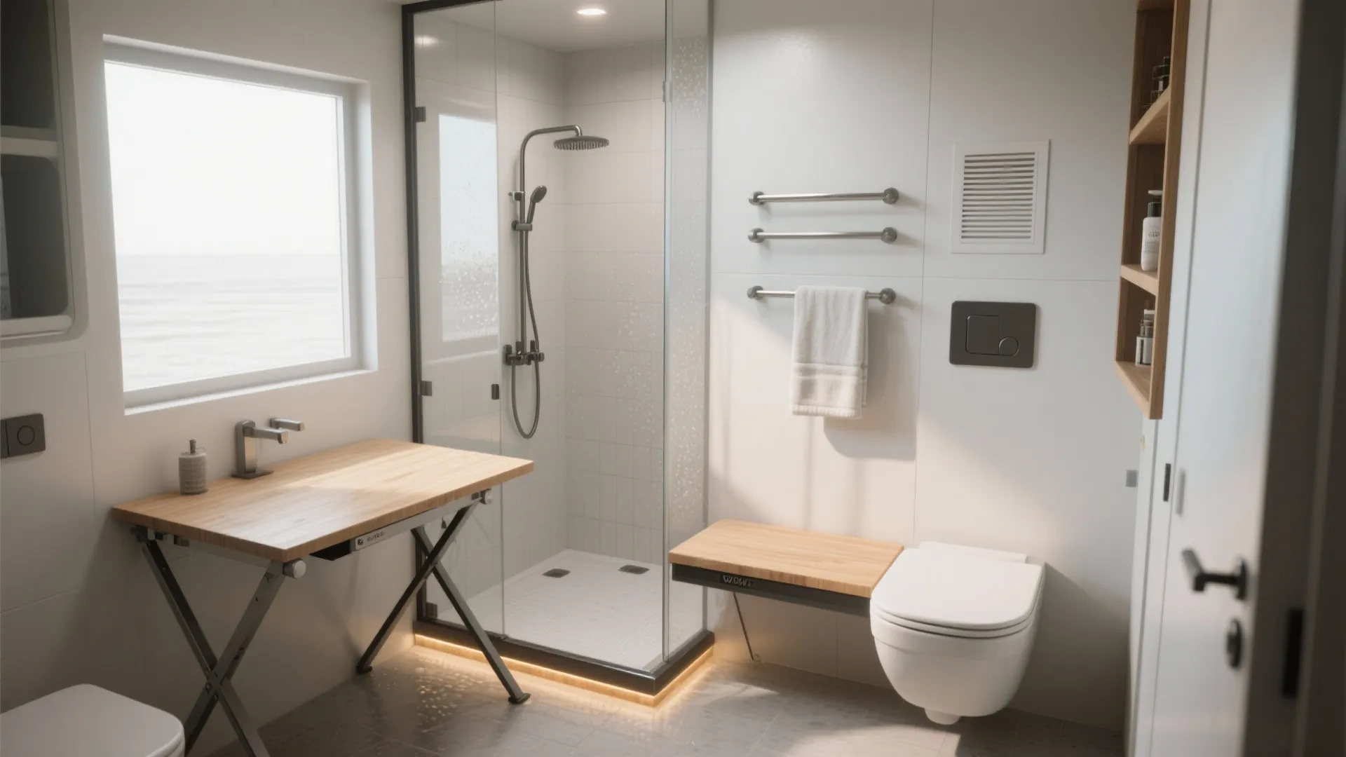 4. Wet Room Micro-Bathroom with Foldable Surfaces