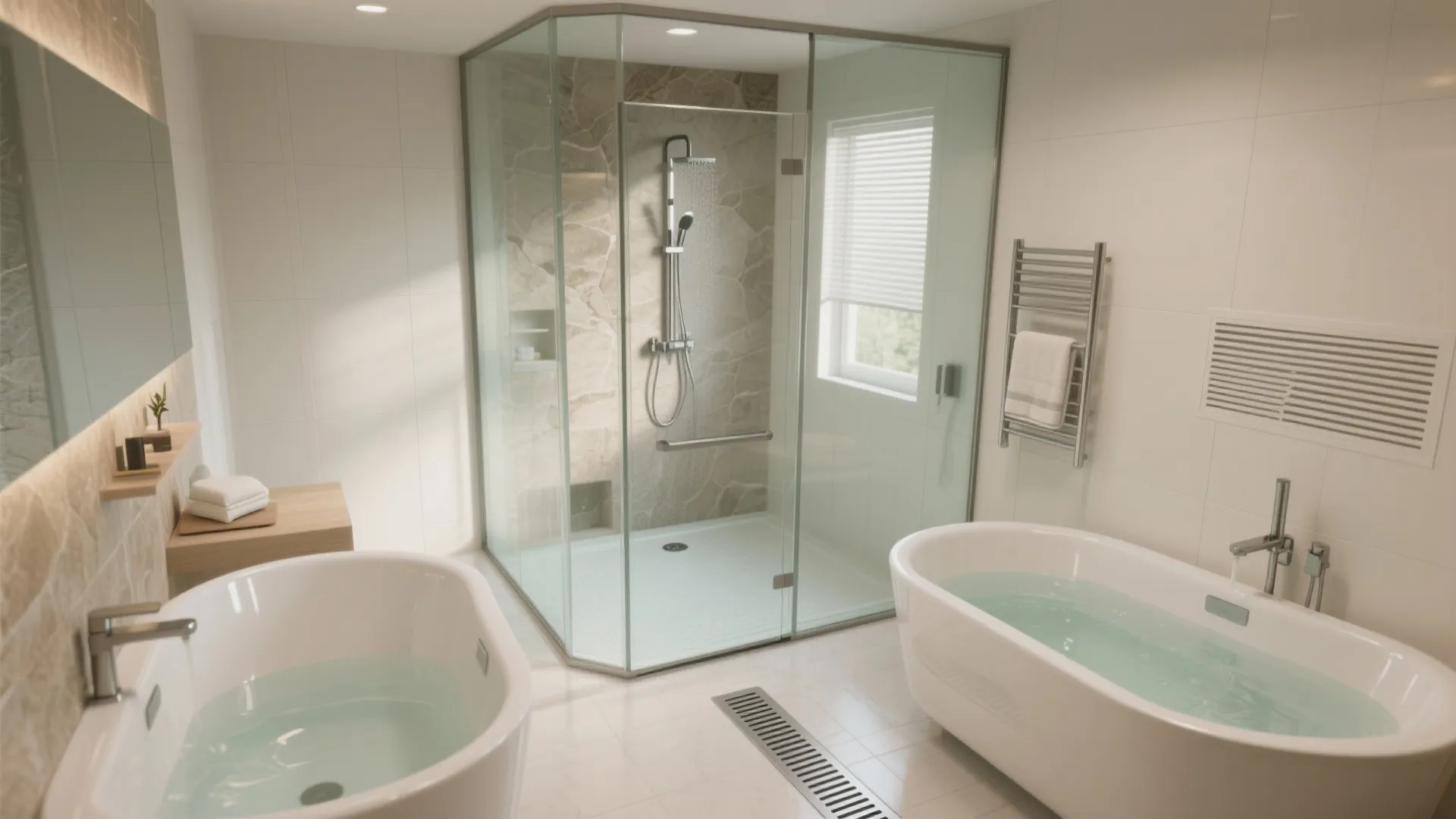 Idea 3: Wet room + clear glass for one drain zone