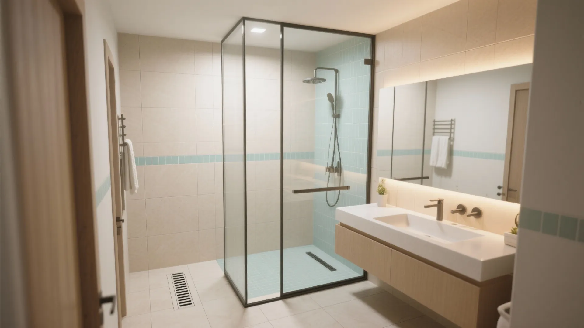 Modern bathroom with glass shower enclosure, floating wood vanity, white sink, large mirror, and warm lighting