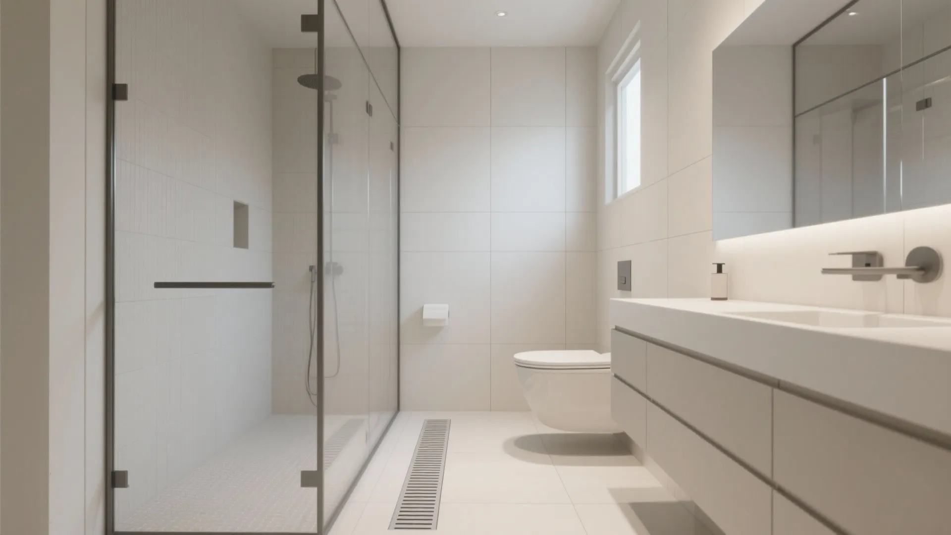 Wet room layout with slip-resistant textures and frameless glass