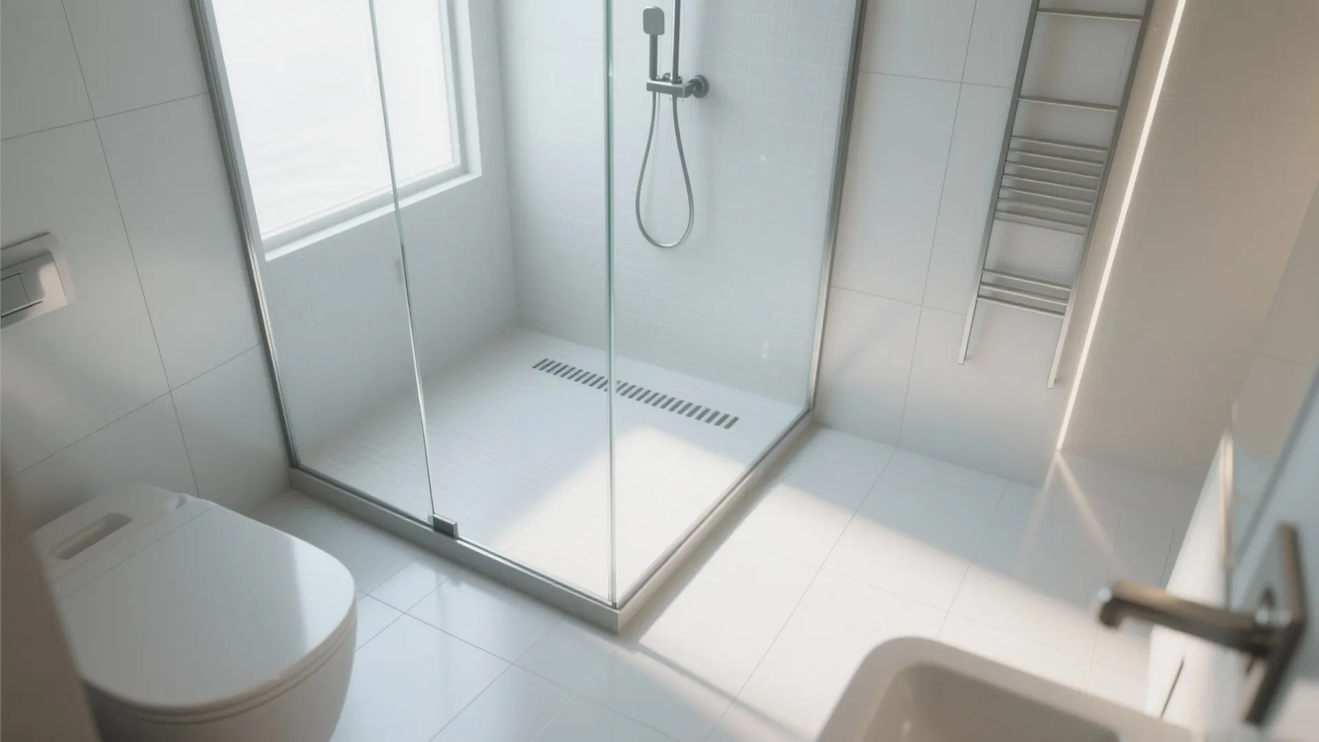 Bright white bathroom interior with glass shower screen, white toilet, and natural sunlight from window