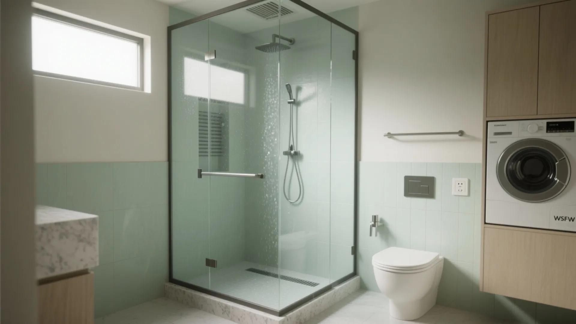 Modern bathroom featuring glass shower area with green tiles and washing machine in wooden cabinet