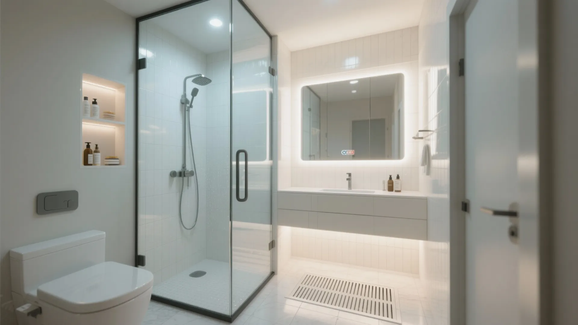 3. Wet room or open shower with glass