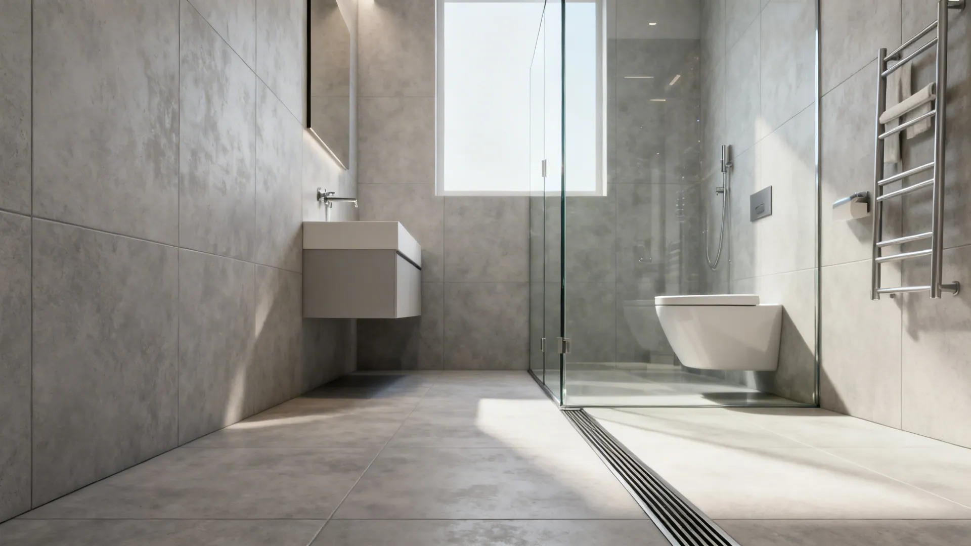 Wet-room style small bathroom with single glass panel and linear drain for open airy feel