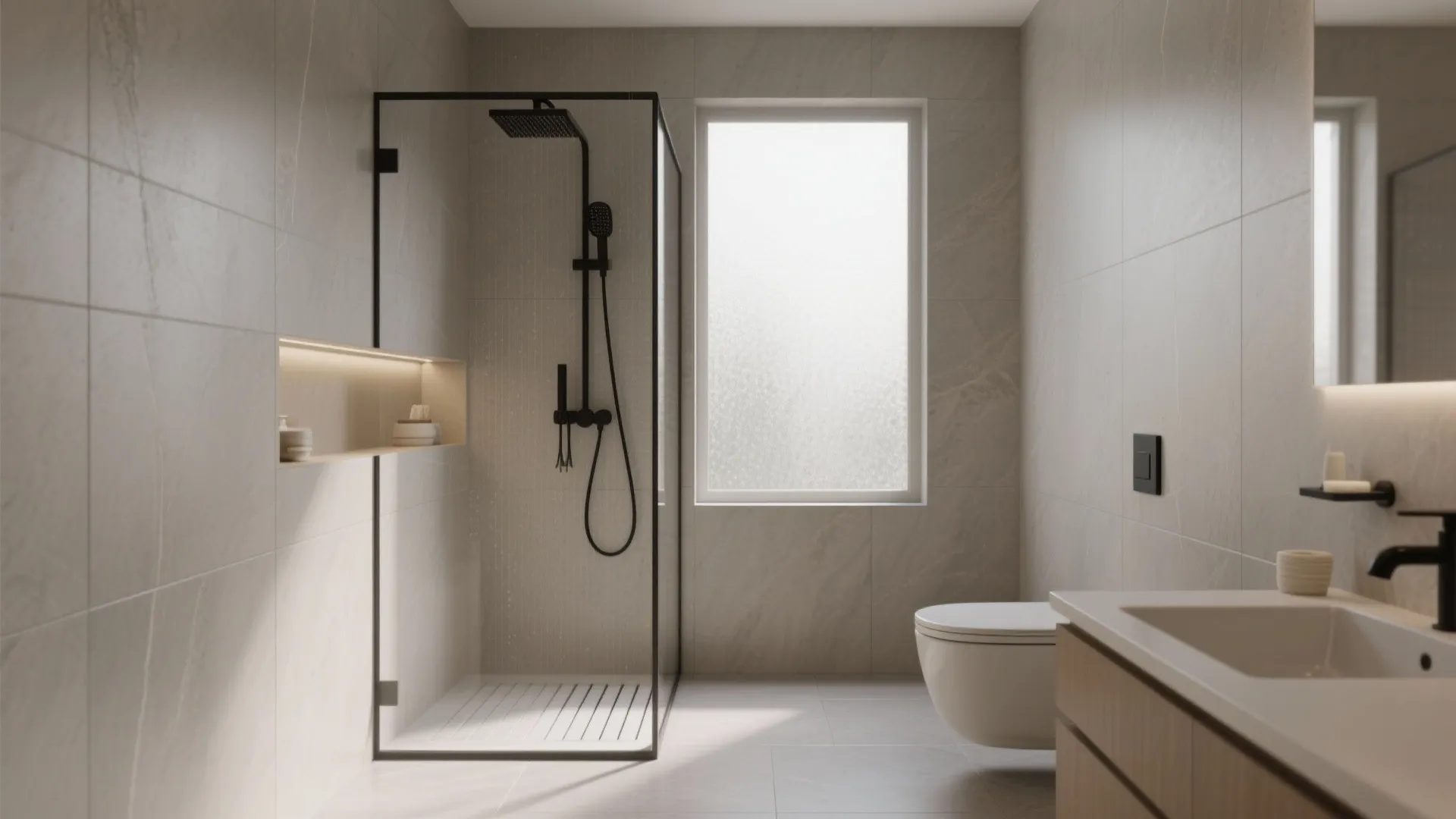Modern bathroom with beige wall tiles black shower glass door floating toilet and white sink