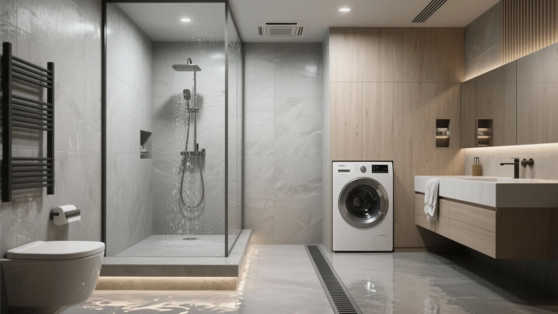 2. Wet-room approach with integrated laundry zone