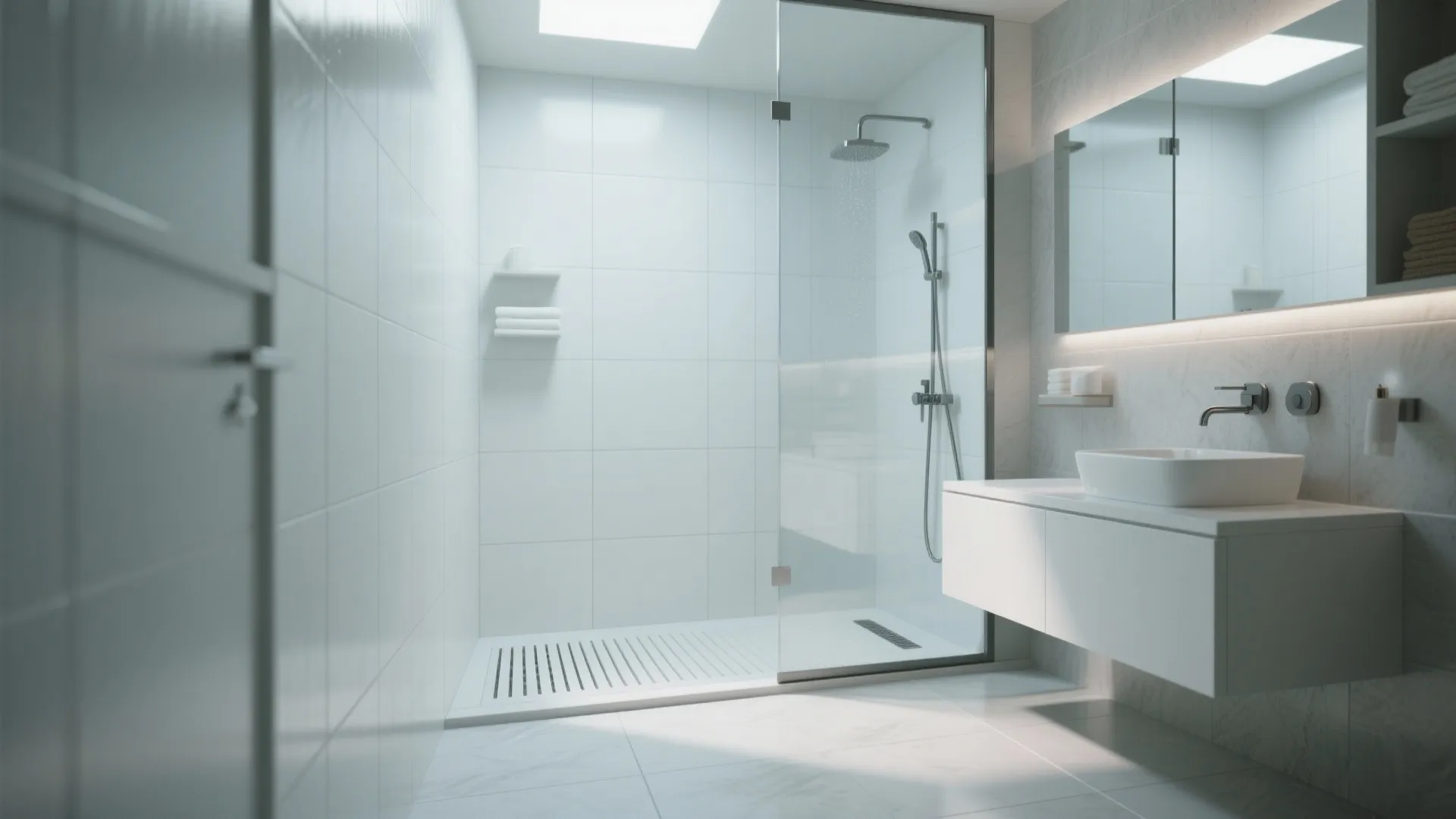Wet-room bathroom with large-format white tiles and frameless glass creating a seamless look