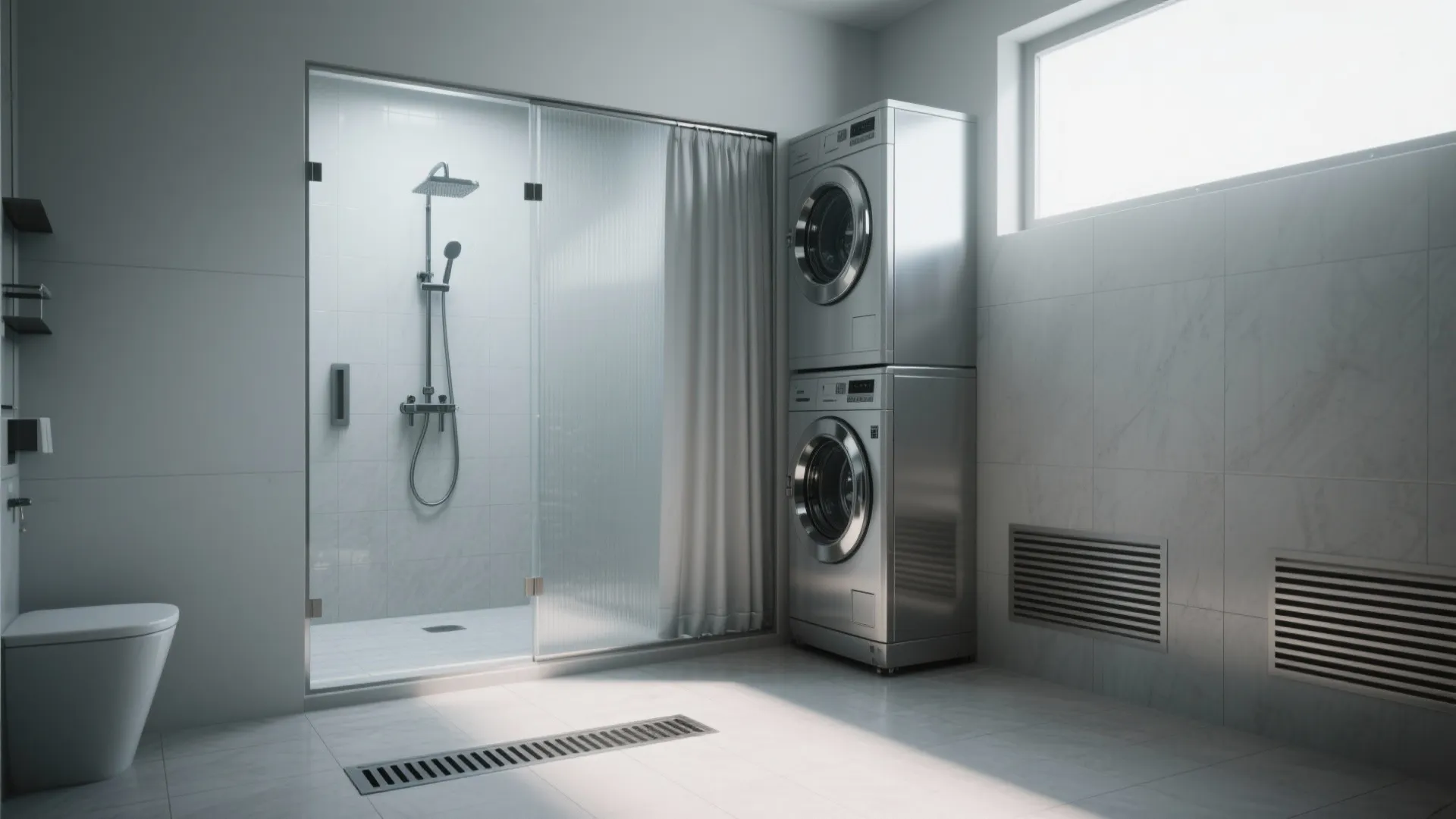 5. Wet Room Approach with Concealed Laundry Tower