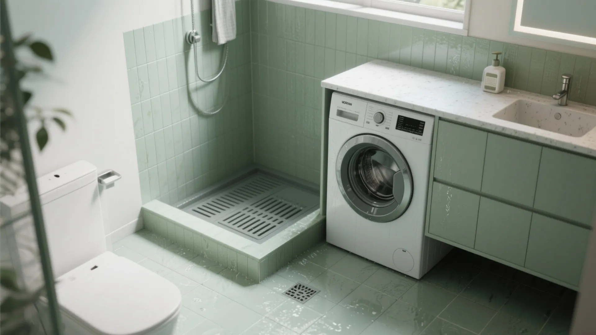Modern green bathroom laundry room with washing machine built into cabinet near shower and toilet