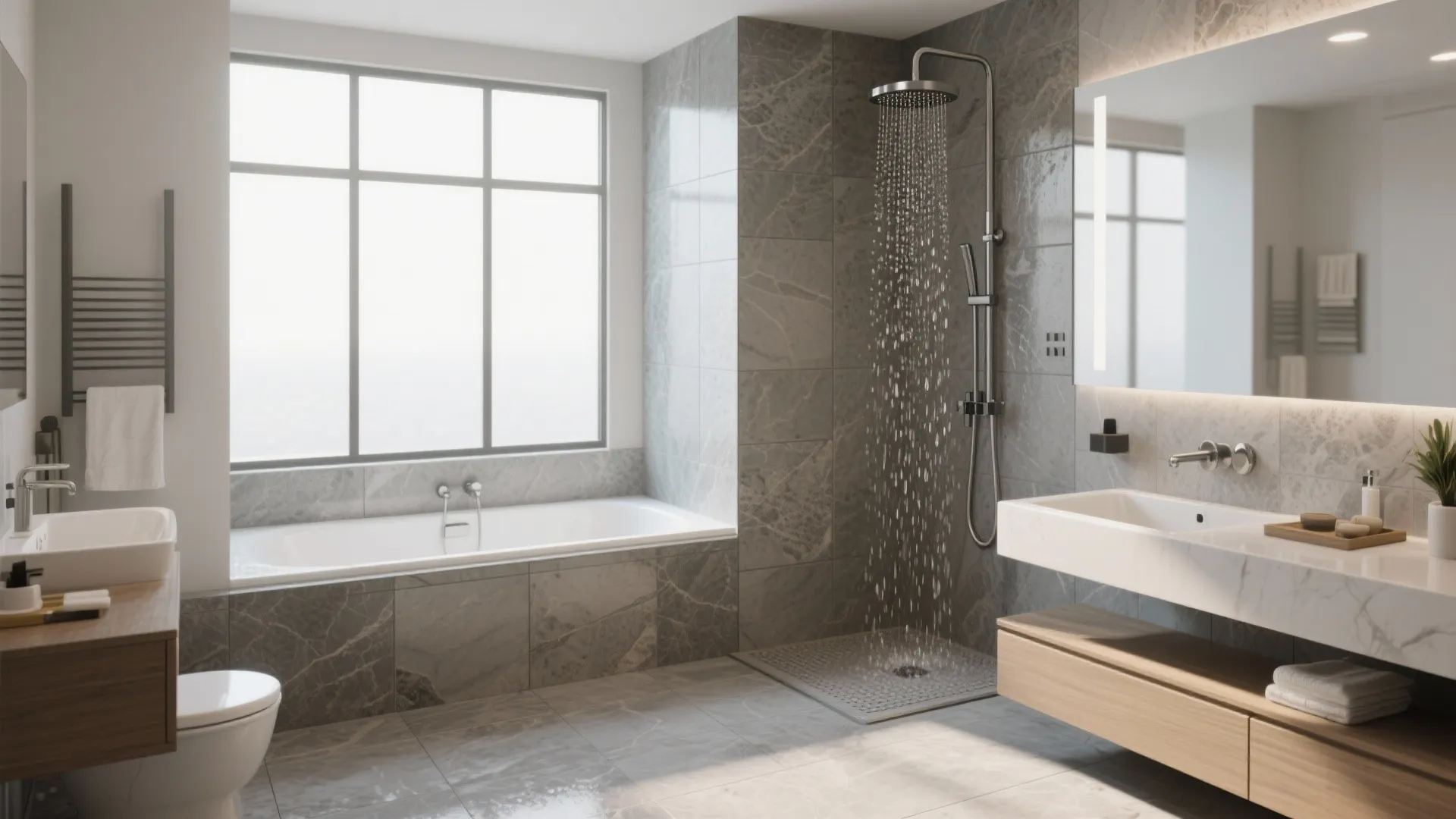 Modern grey marble bathroom featuring white bathtub large window open shower and floating wood cabinet