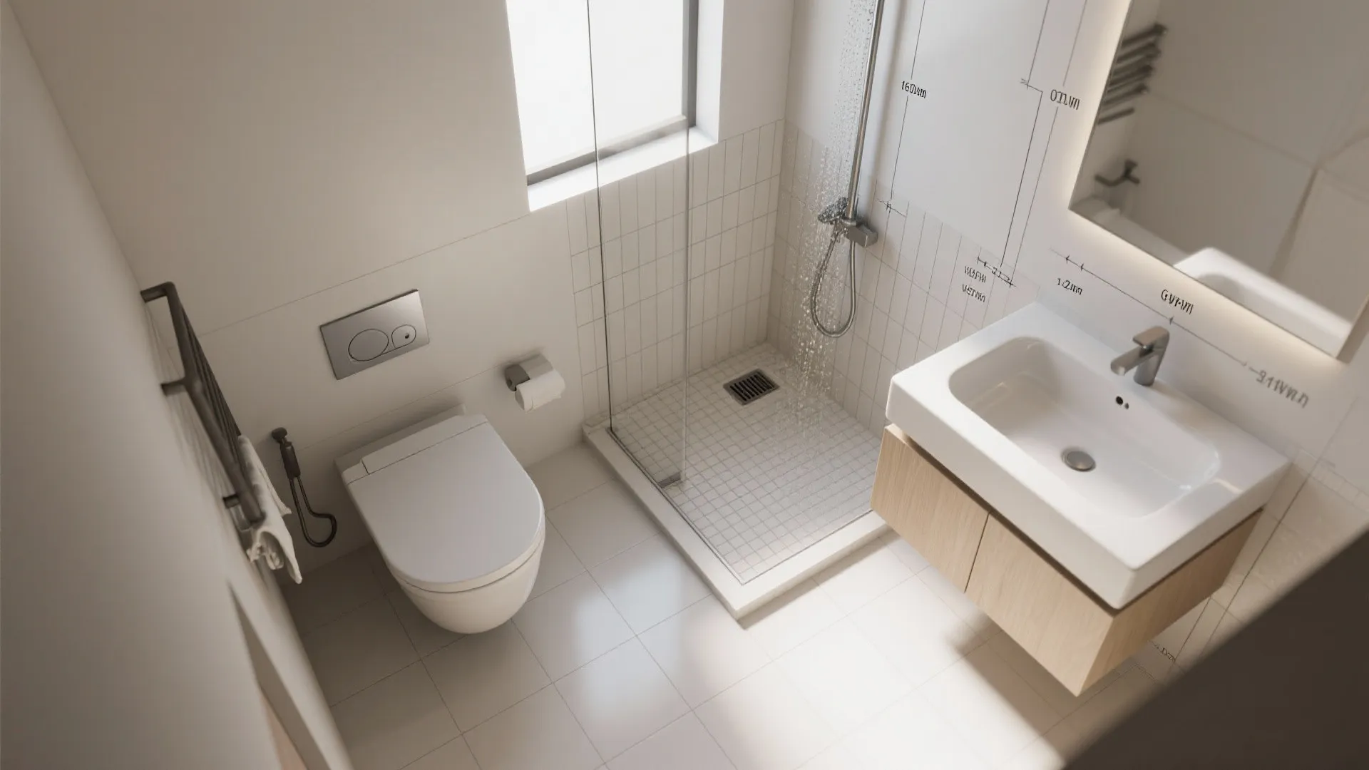 Modern white bathroom layout featuring a toilet, open shower area, sink cabinet, and wall mirror