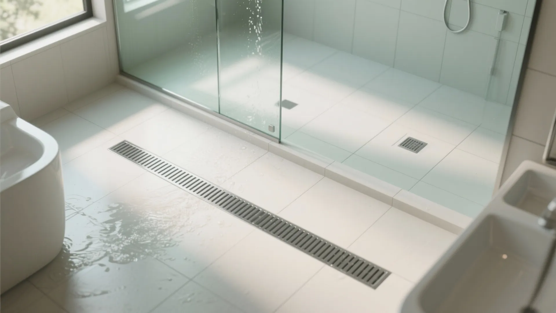 Modern white bathroom with a long floor drain, glass shower door, and water on tiles