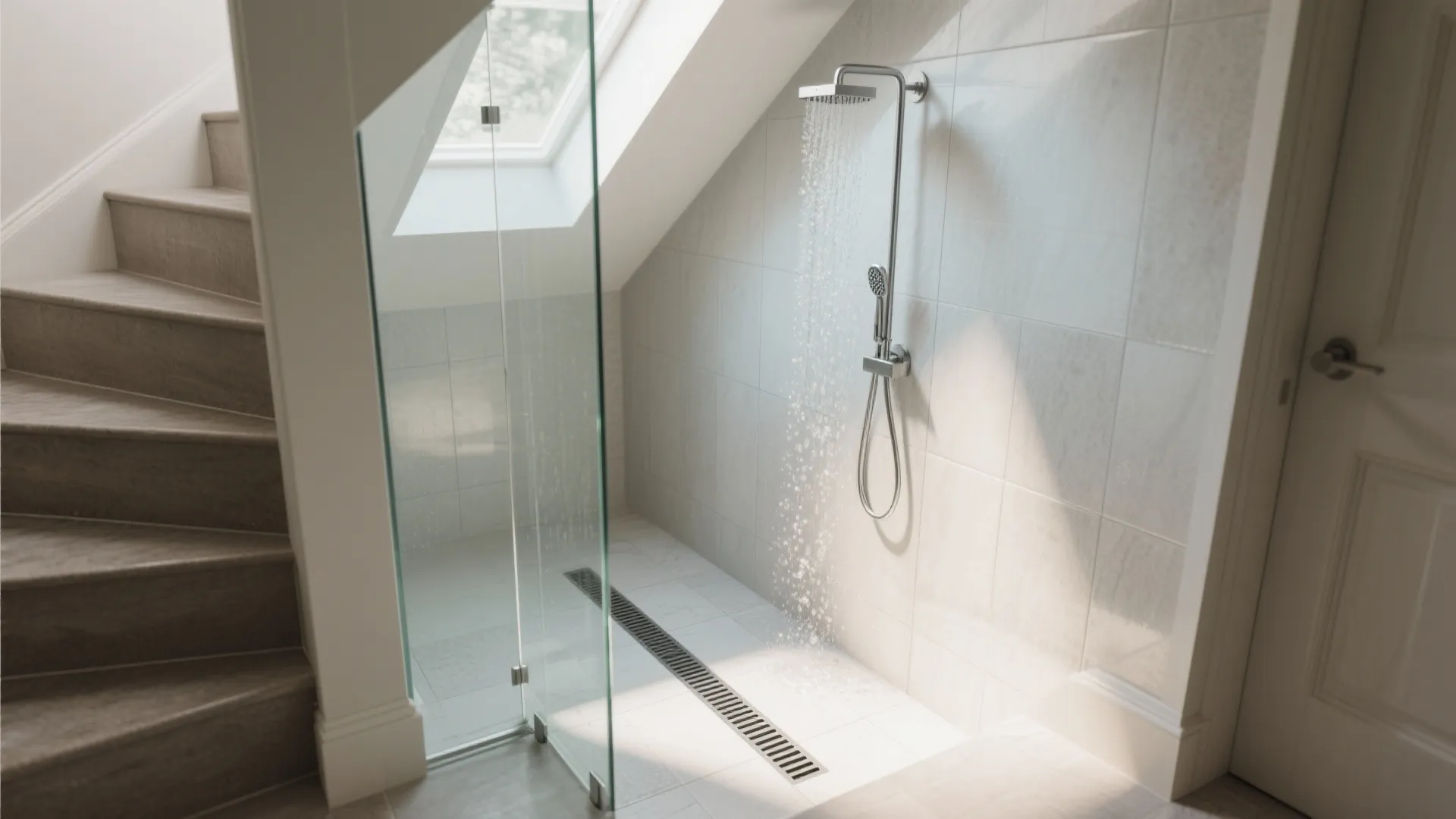 Modern walk in shower under sloped ceiling with glass partition and long narrow floor drain