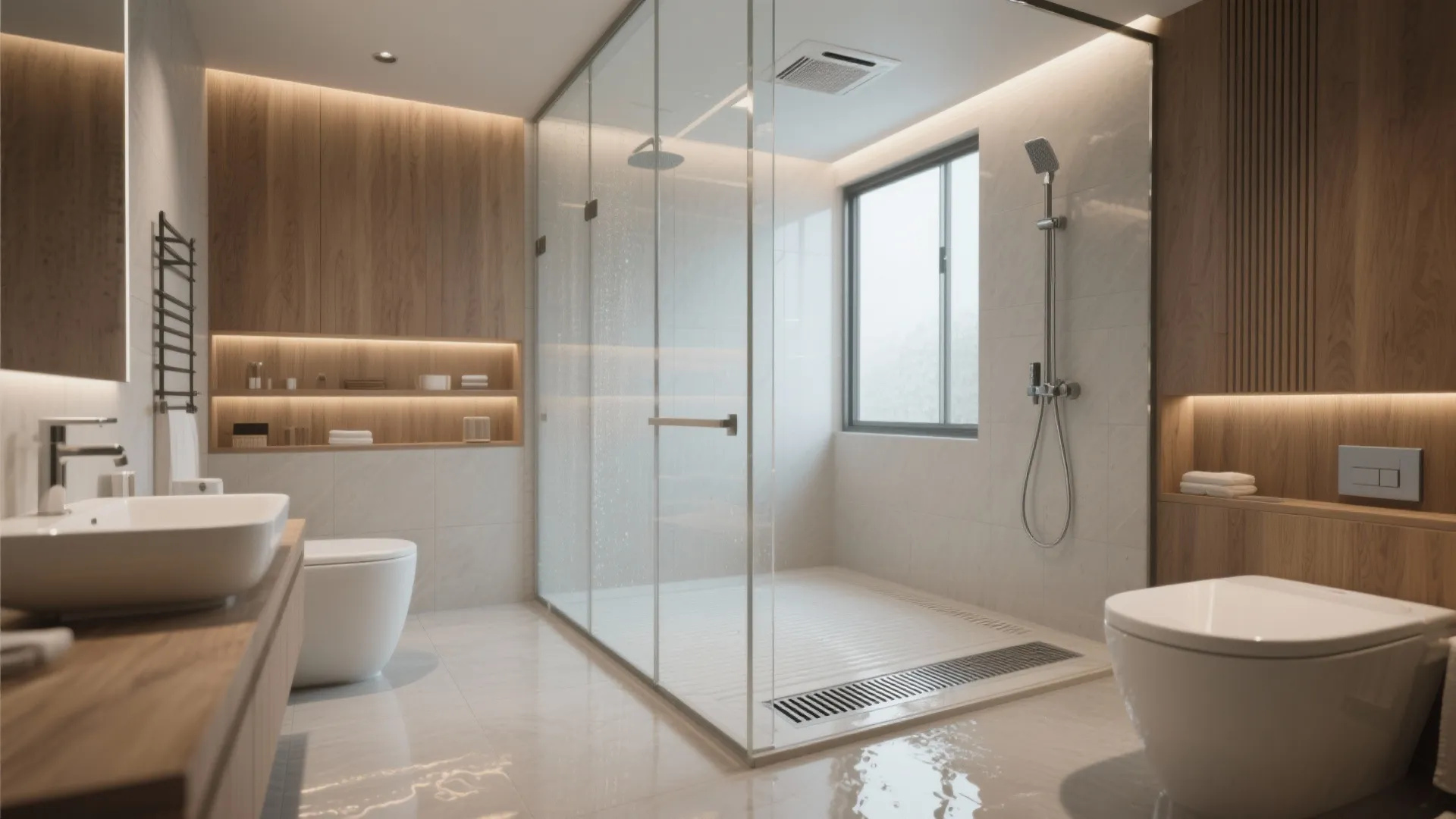 4. Wet-room style with linear drain and ceiling-height glazing