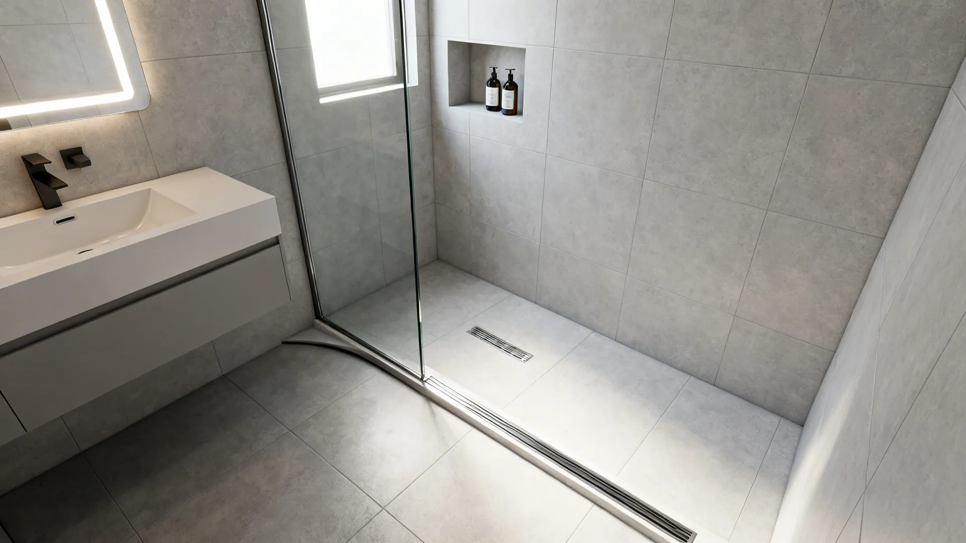 Compact wet-room with linear drain, single glass panel, wall-hung sink and recessed niche.