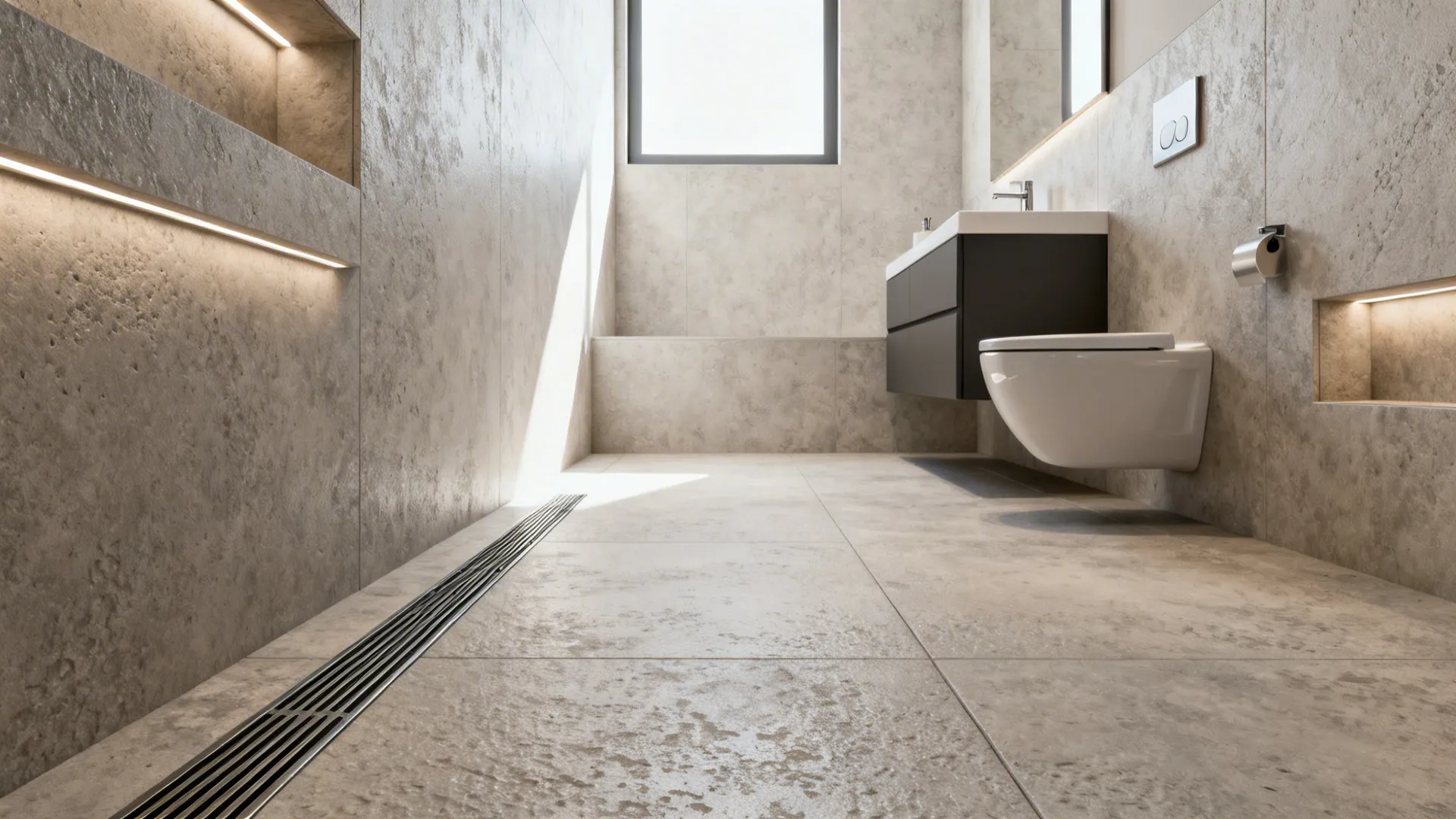 Wet-room style bathroom with continuous textured floor and a linear drain along the wall