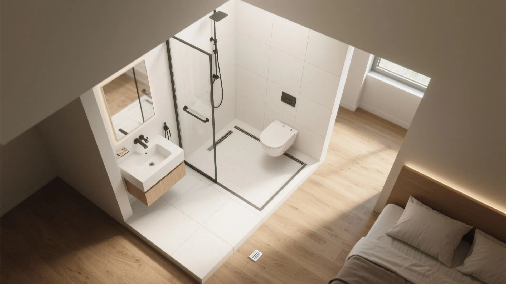 Top-down wet room layout with linear drain, continuous tile floor and a fixed glass screen