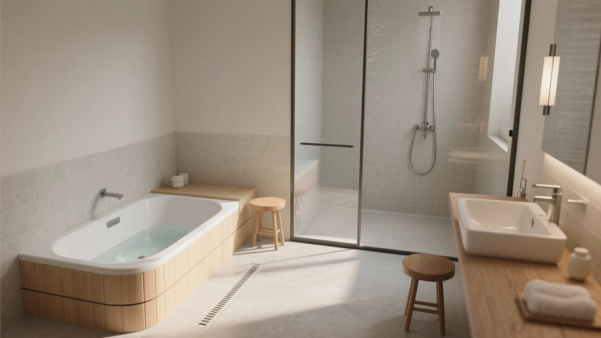 Curbless Wet Room With a Compact Soaking Tub