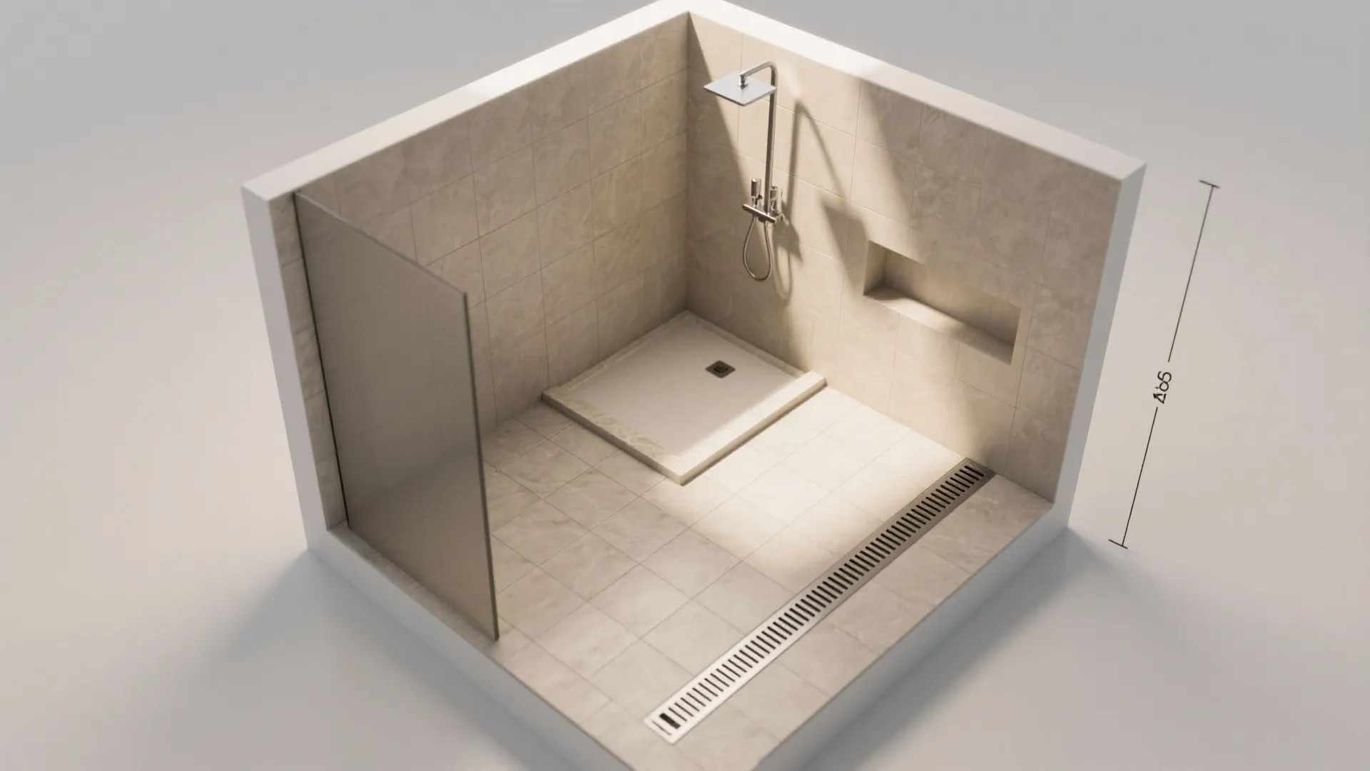 Interior design drawing of a shower room corner with glass panel floor drain and tiles