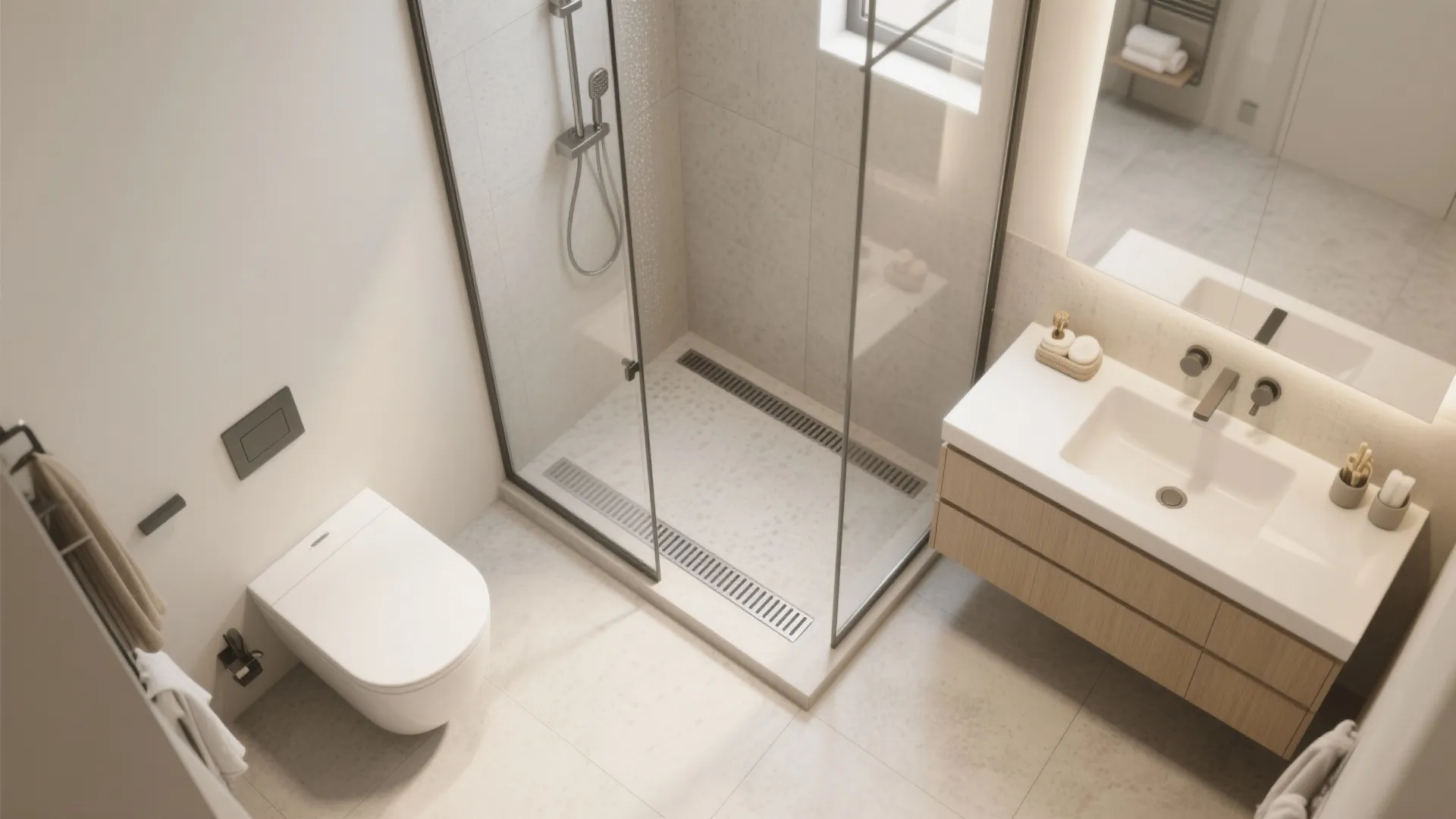 Modern bathroom with white toilet glass shower area wood cabinet white sink and large mirror