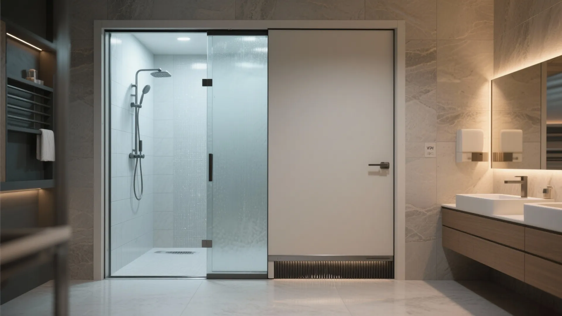 Modern bathroom featuring glass shower door wooden cabinet white washbasin wall lights and marble tiles
