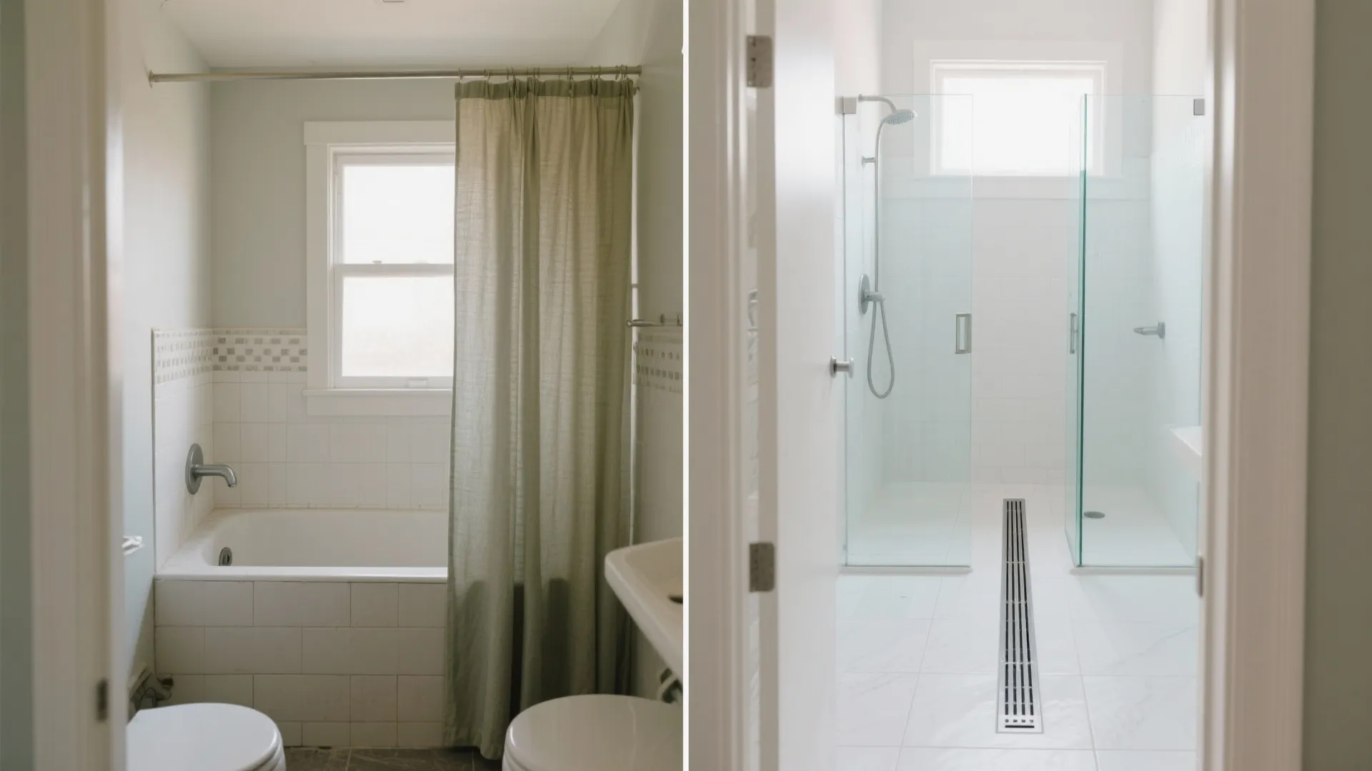 Before and after comparison of an old bathroom bathtub versus a modern glass walk-in shower