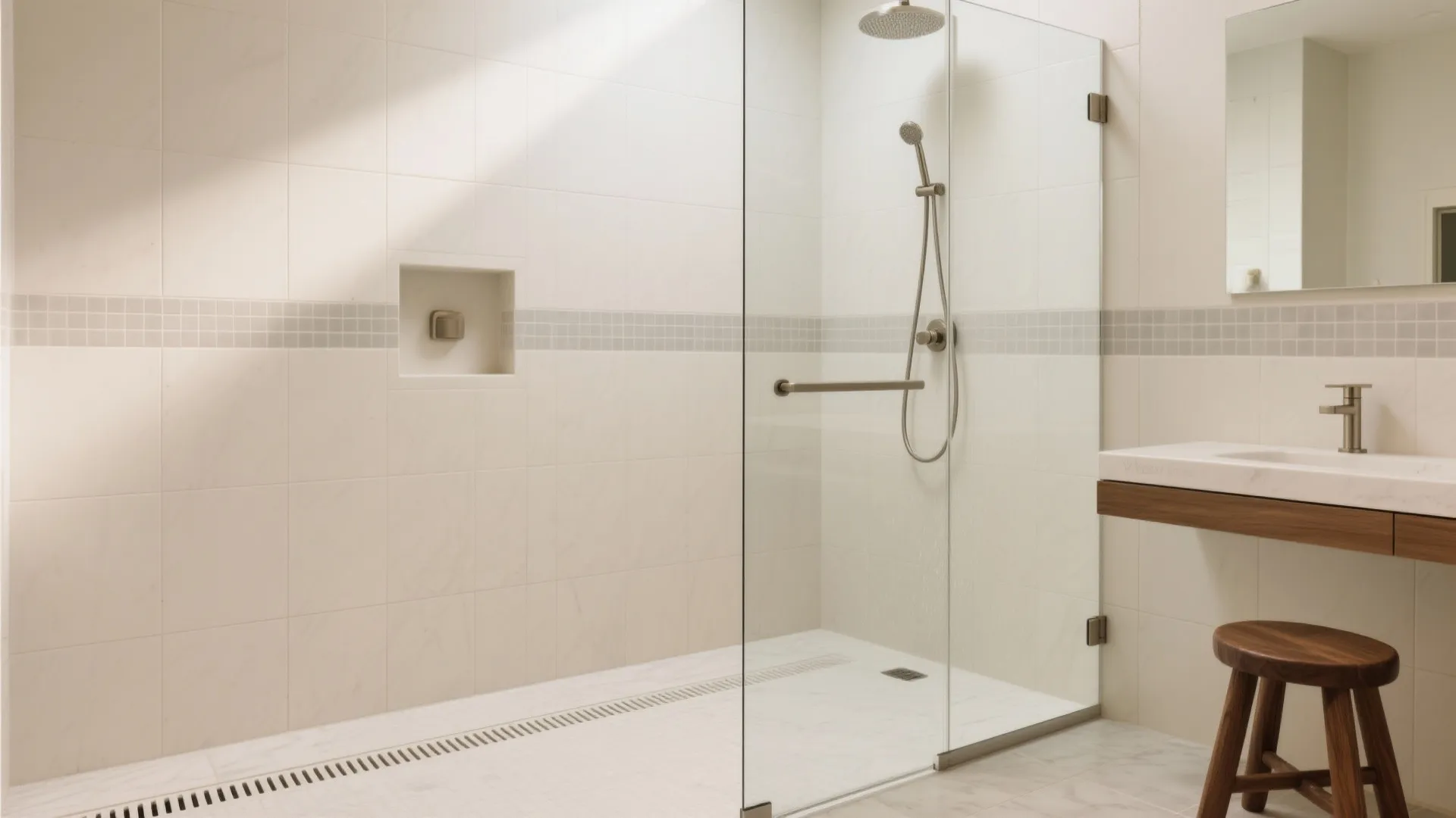 Modern bright bathroom with glass shower door marble tiles wooden stool and a white sink
