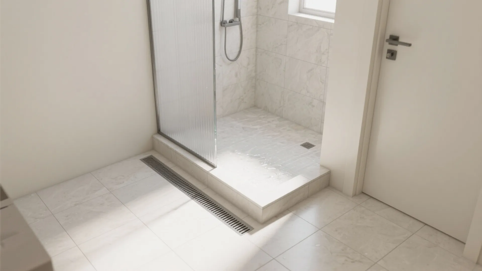 Modern walk in shower with glass door marble tiles floor drain and light gray bathroom walls