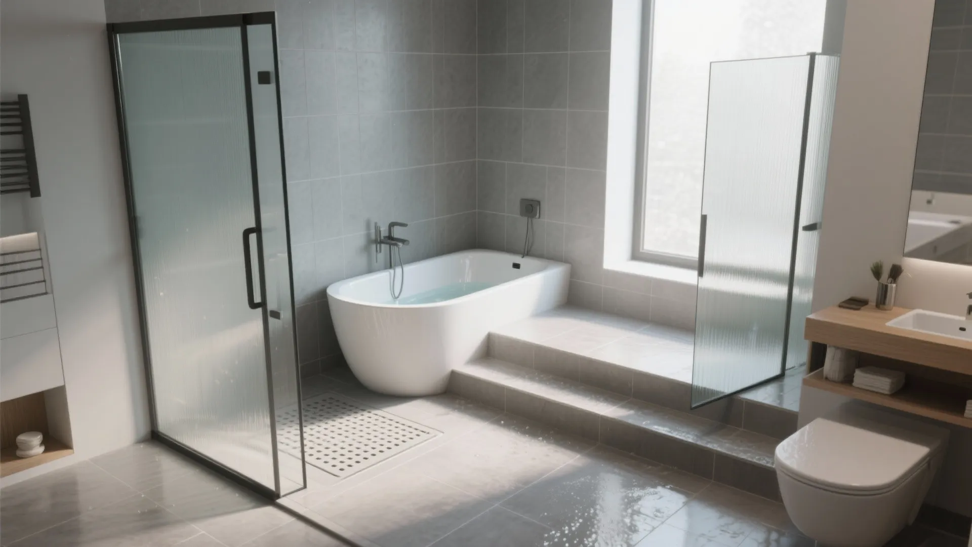 Modern grey bathroom featuring white bathtub glass shower screen toilet sink wood shelf and natural light