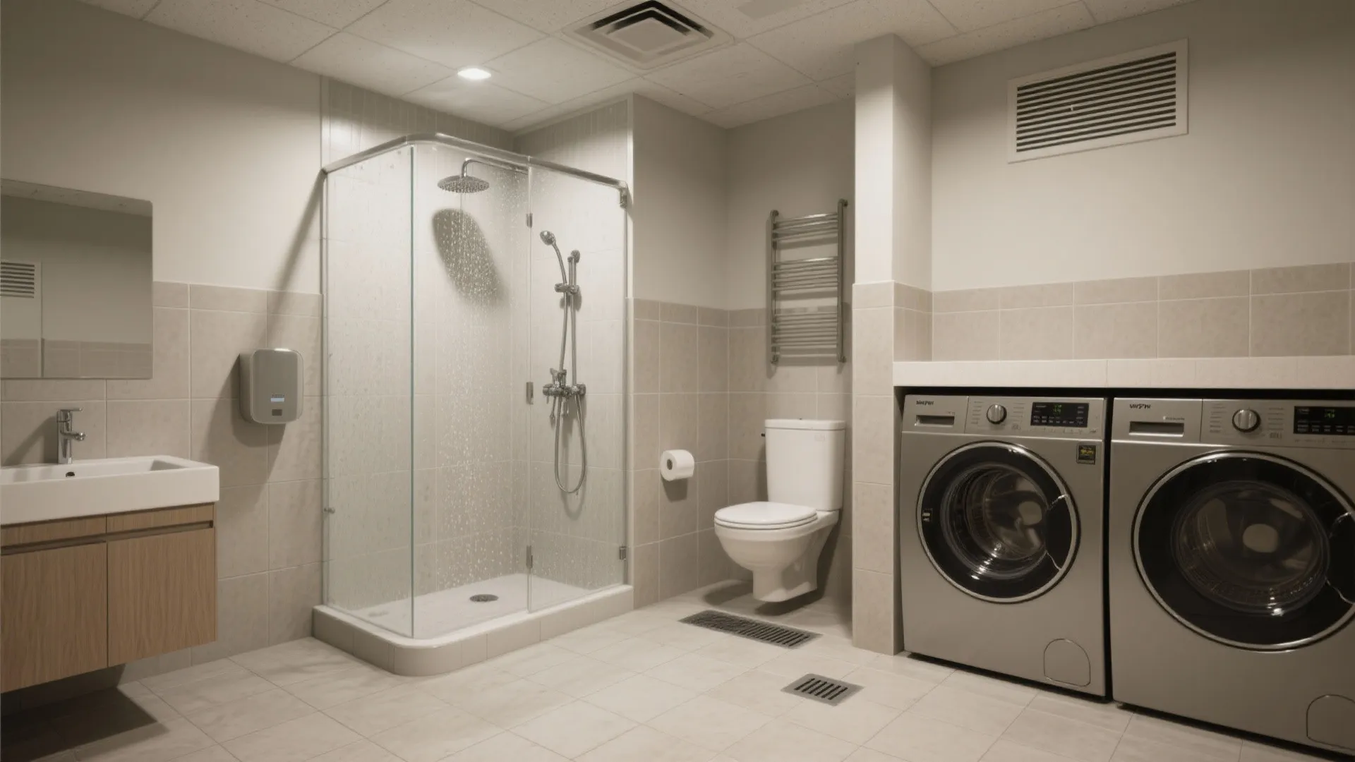 Spacious laundry room featuring glass shower stall toilet white sink and side by side washing machines